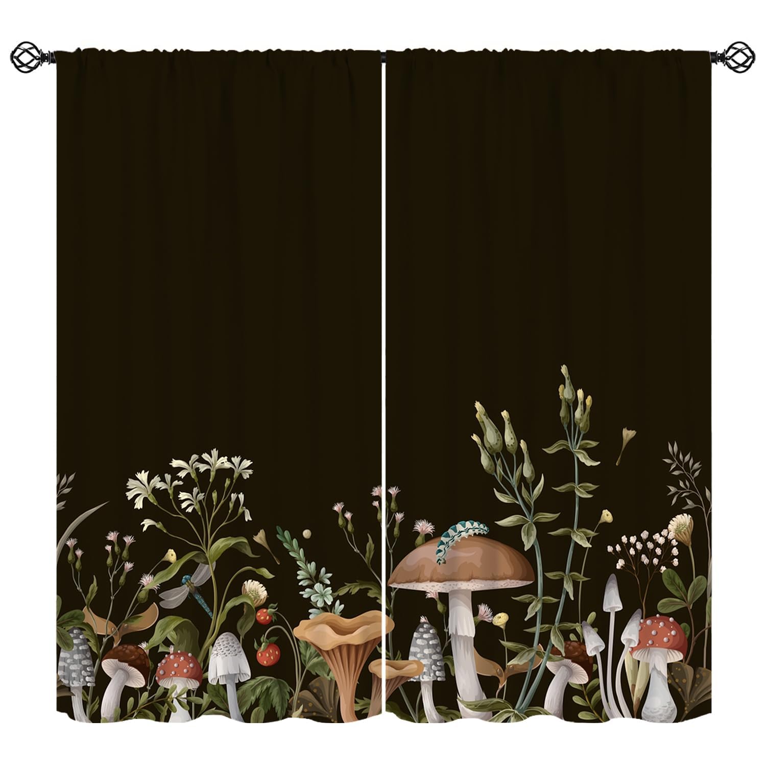 KANEPE Retro Mushroom Curtains, Mushrooms Berries Botanical Rustic Style Window Treatments, Rod Pocket Thermal Insulated Drapes 2 Panel Sets for