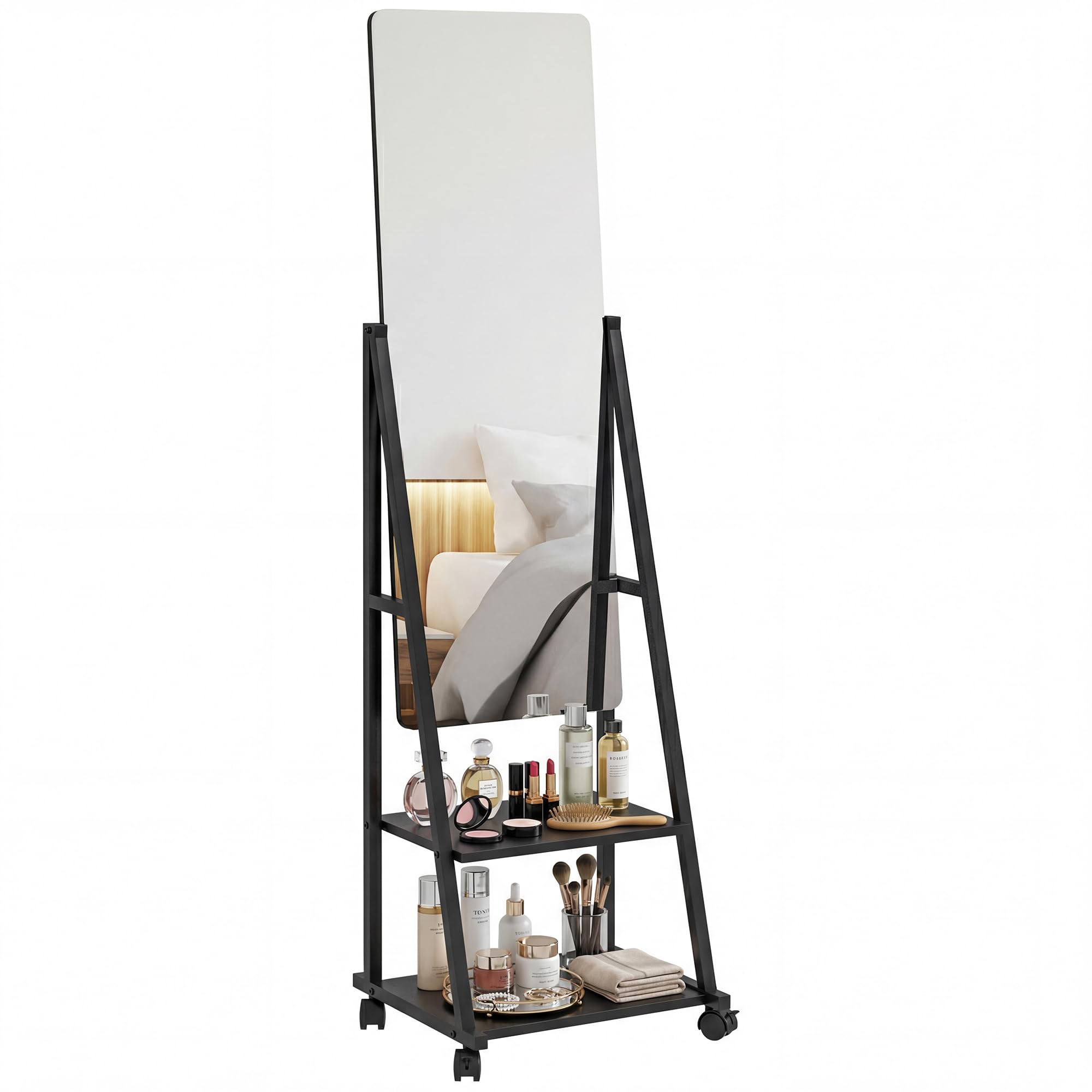 Homcom Unisex Black Movable Full Length Mirror Adjustable Full Body Mirror With 2 Shelves In
