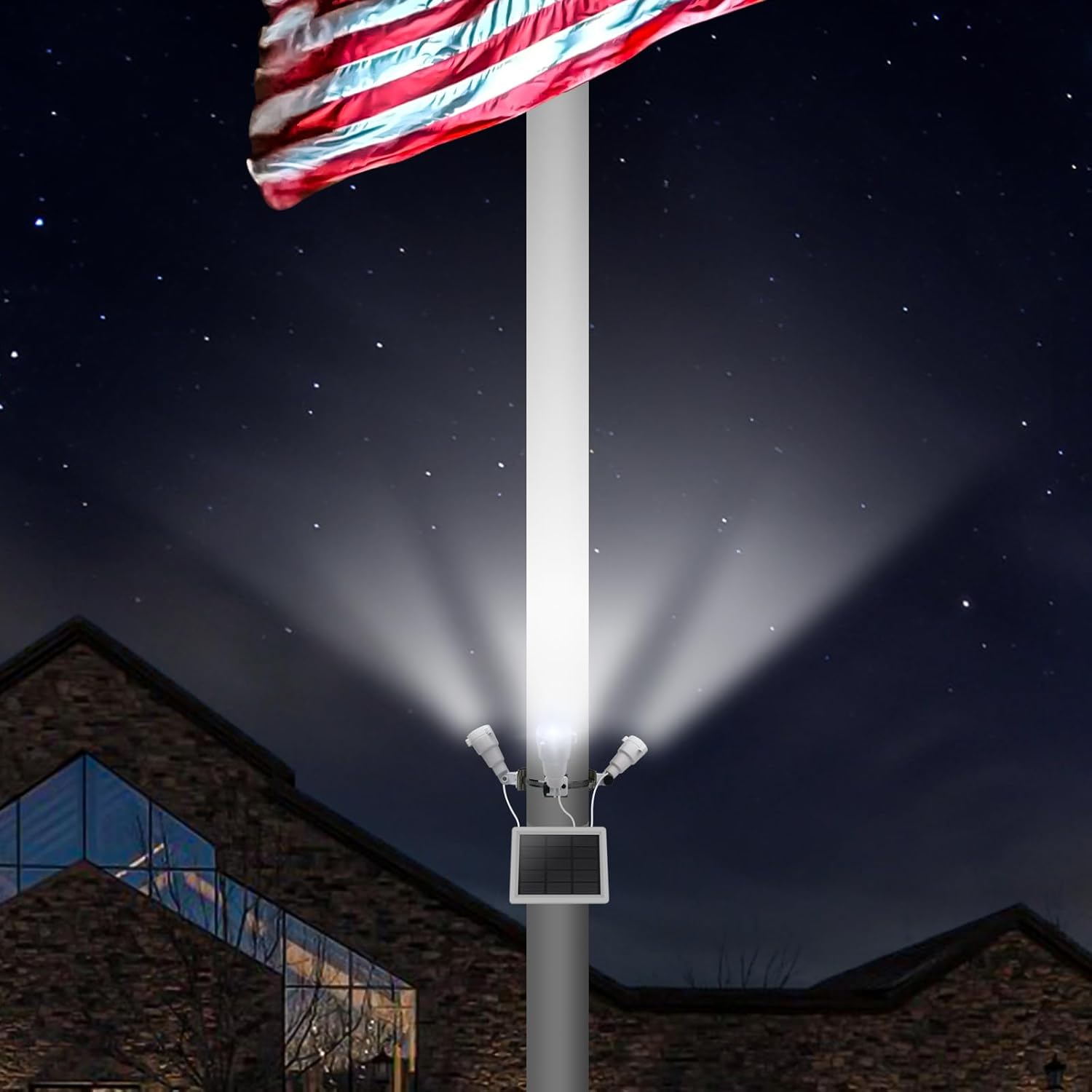 Flag Pole Light Solar Powered, 3 Super-Spotlights PC Crystal LED, IP65 Waterproof Flagpole Light Solar Powered Fits 2-3.5'' Dia 6 Ft Flag Poles, 360 Degrees of Flag Illumination,