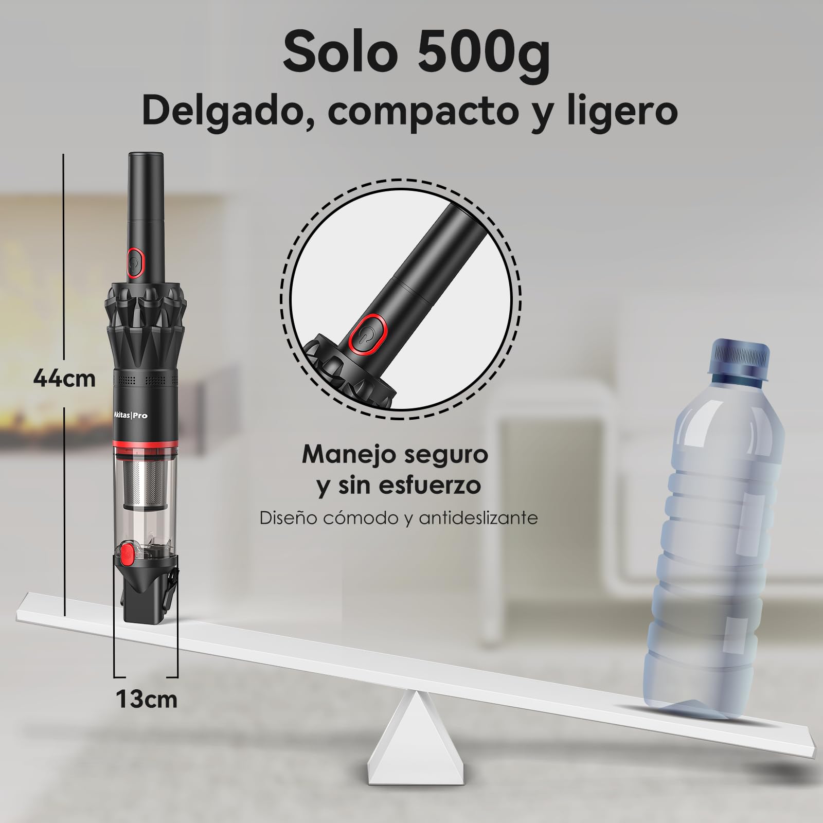 Akitas Pro H2 Aspiradora de Mano Sin Cable Ultraligera 0,5 kg – Potente Succión con Doble Modo, Batería 2600mAh, Filtro HEPA y Acero, Boquilla y Cepillo, Compacta para Hogar, Sofá y Coche