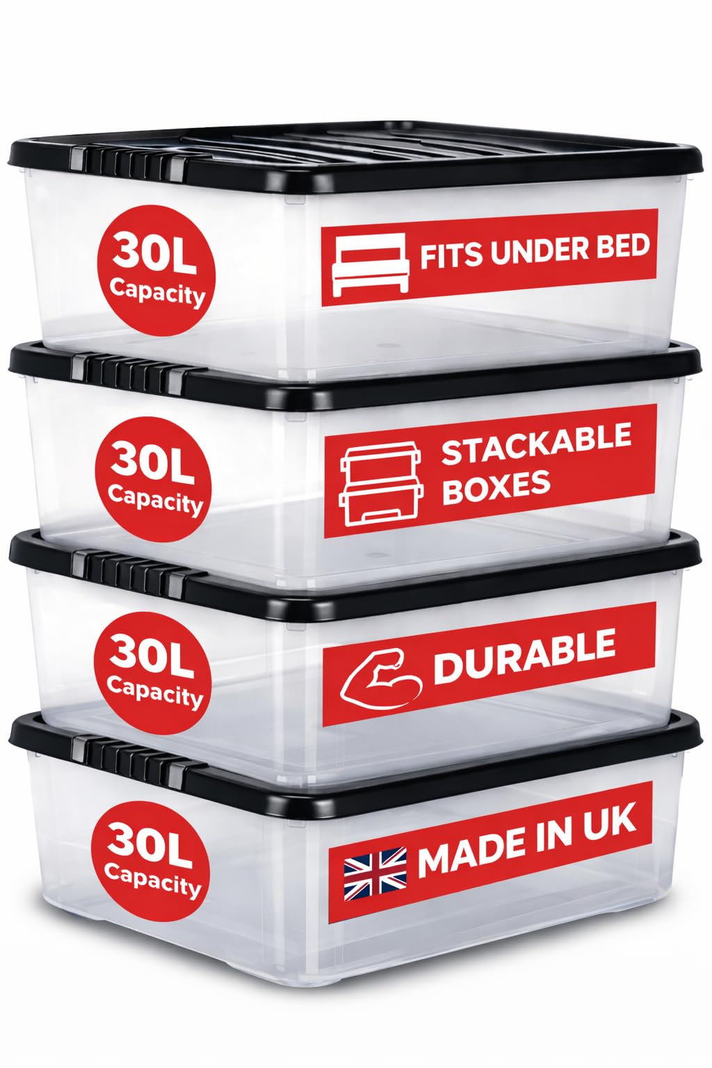 RelianceUK 4 X 30L Underbed Storage Boxes with Black Lids – Clear Plastic Storage Boxes 30 Litres - Nestable Stackable Multipurpose Under Bed Storage Containers for Bedroom, Home & Office Organization — image 1