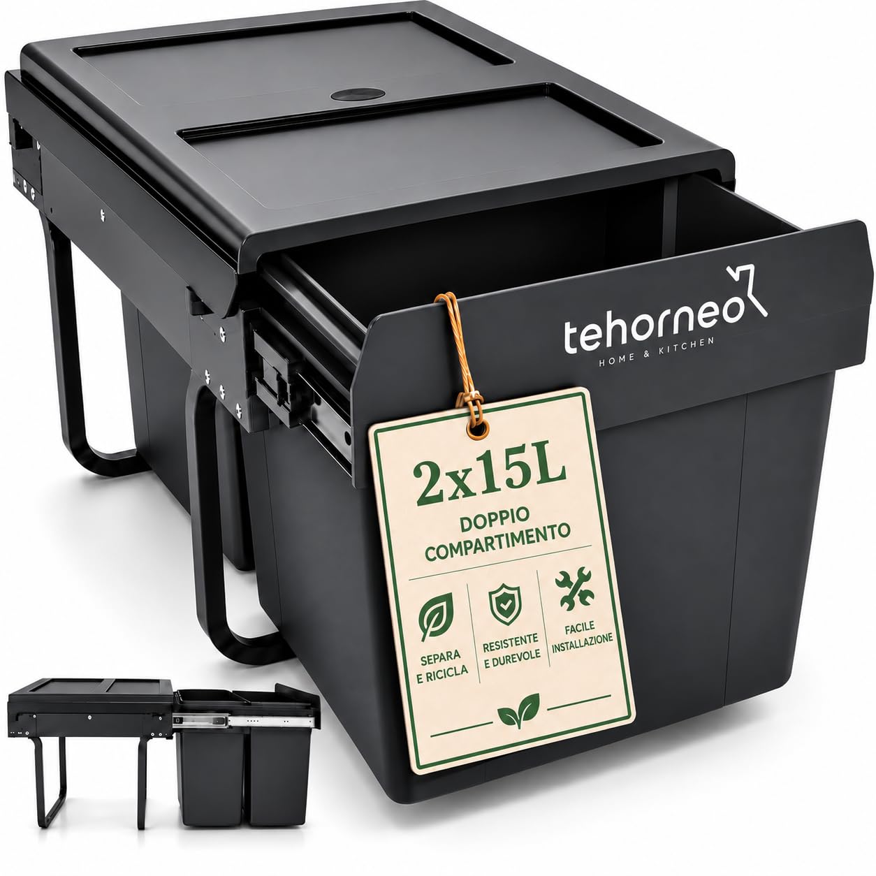 TEHORNEO Pattumiera Sottolavello, Pattumiera Estraibile Sottolavello 2X15 L Acciaio e Plastica, Pattumiera Sottolavello Estraibile, Secchio Spazzatura Sottolavello, Bidoni Sotto Lavello Cucina