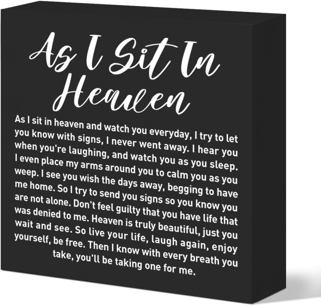 As I Sit In Heaven Box Sign 7x7 Inch Black Memorial Decor