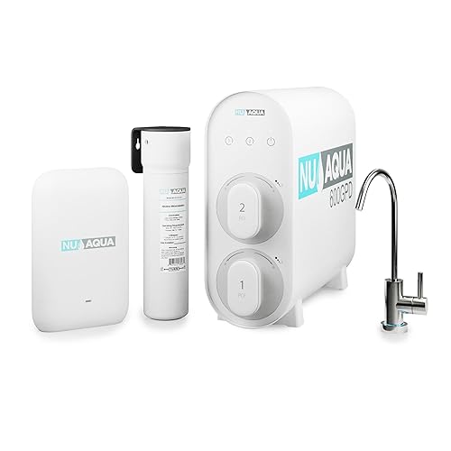 NU Aqua Sistema de filtro de agua de ósmosis inversa sin tanque de 5 etapas UV y alcalino 600GPD - 21 puro para drenar - Grifo LED inteligente para
