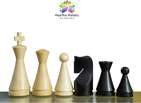 Hastha Kalalu Reproduced Russian Poni Series Minimalist Style Modern Chess Set with Extra Queens King 4 Weighted, Felted Chess Pieces Only Wood (Ebonized: Natural Boxwood)