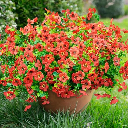 Daisy Artificial Flowers for Outdoors Decor, 12 Bundles Faux Daisy with Eucalyptus Fake Plants Greenery UV Resistant Look Real Colorful Faux Flowers for Outside Planter Porch Patio Yard Gardens, Red
