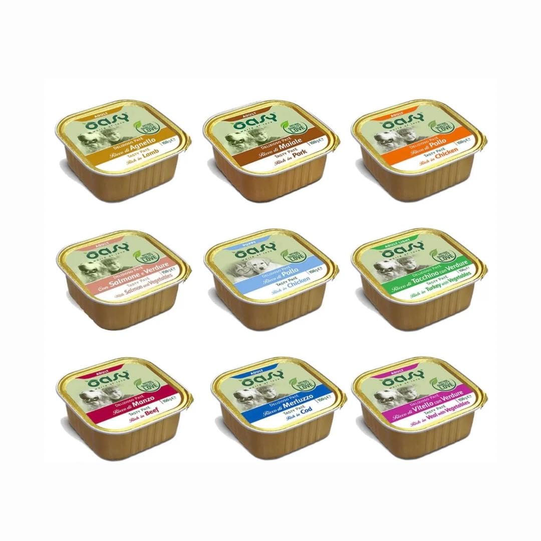 Oasy Umido Cane Patè Vaschetta gusti Assortiti, alimento completo in patè per cani adulti di tutte le taglie e razze | 6 scatolette da 150 grammi l’una, 6x150gr.