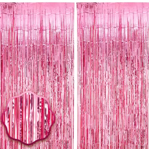 Image of Voircoloria 2 Pack Pink Tinsel Foil Fringe Curtains, Pink Party Decorations, Metallic Tinsel Party Streamers Backdrop for Birthday Baby Shower Graduation Wedding Bachelorette Party Decorations