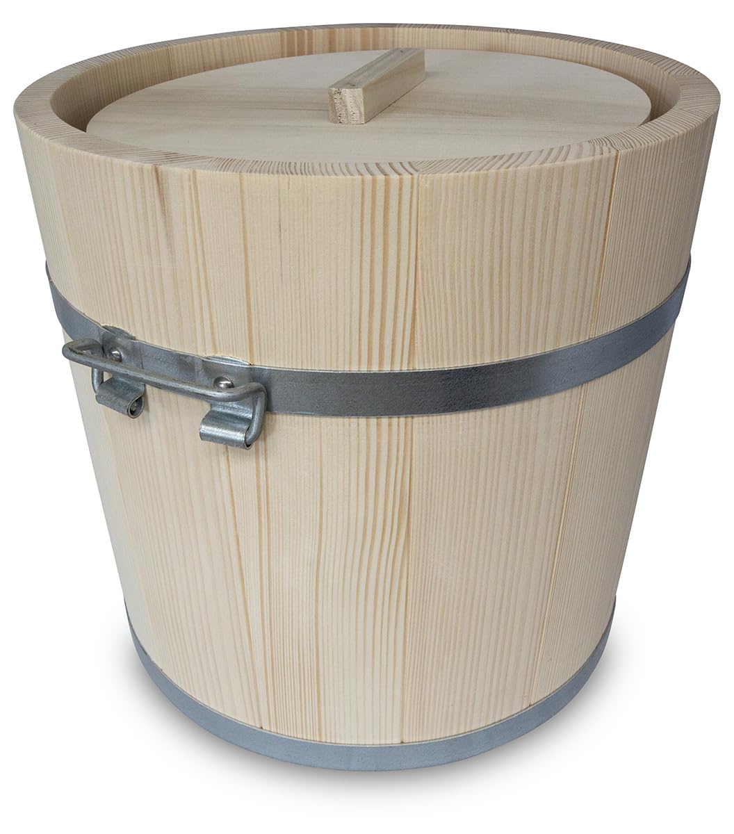 Gäreimer mit Deckel – naturbelassenes Gärfass mit Metallumreifung und Haltegriffen – Sauerkrautfass aus Holz für Fermentation von Gemüse, Kimchi, Gurken – Holz Gärtopf aus Weißtanne (15 Liter)