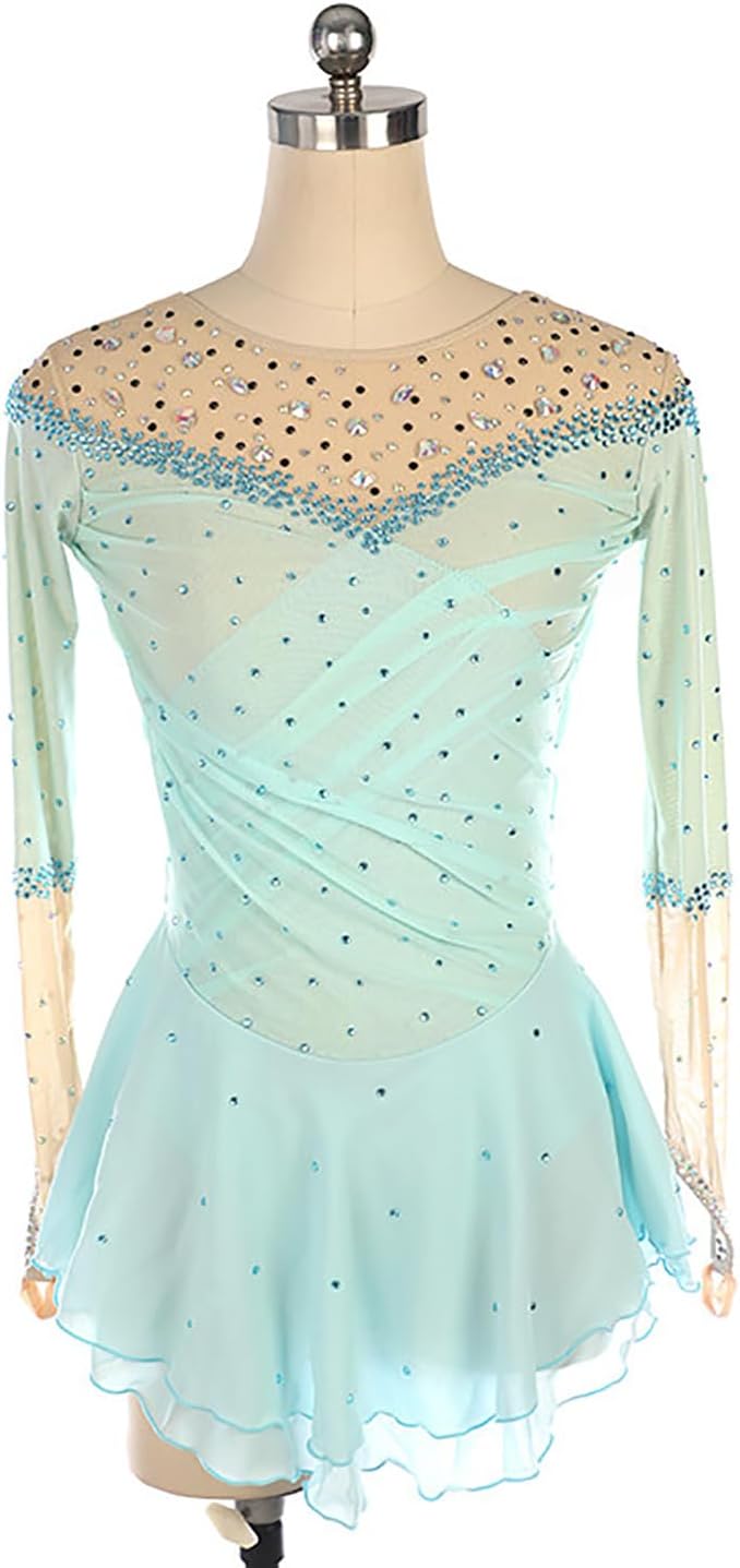 Figure Skating Dress Mesh Skirt Girls Round Neck Long Sleeve Blue Gradient Breathable Competition Performance