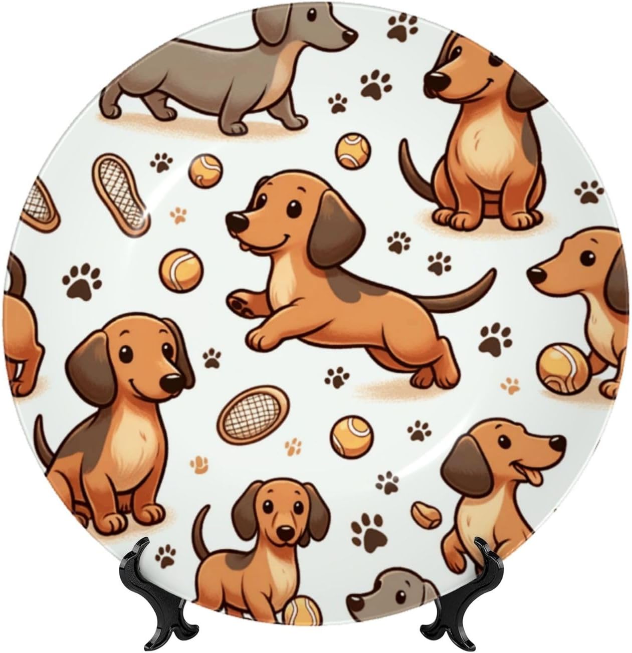 Cheerful-Dachshund-Playground 10 Inch Decorative Plate With Stand, Elegant Display Wall Plate For Home Decor