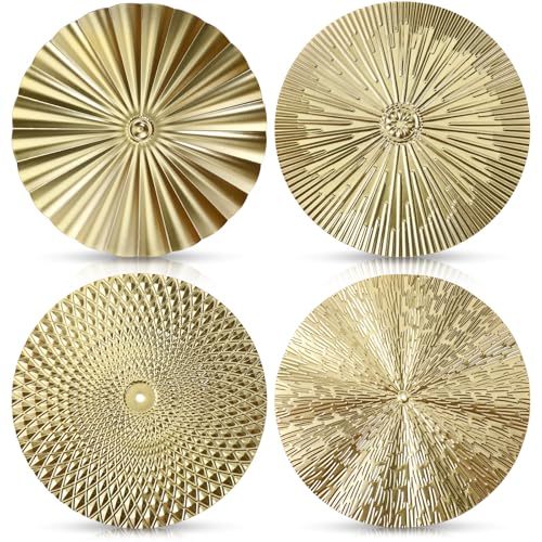 Lyksgir 4 Pcs 12 Inch Sunburst Hanging Metal Wall Art Decorations, Gold Metal Wall-mounted Decor Set, Large Sunburst Hanging Sculpture, Modern Wall Art for Home Living Room Office Decor