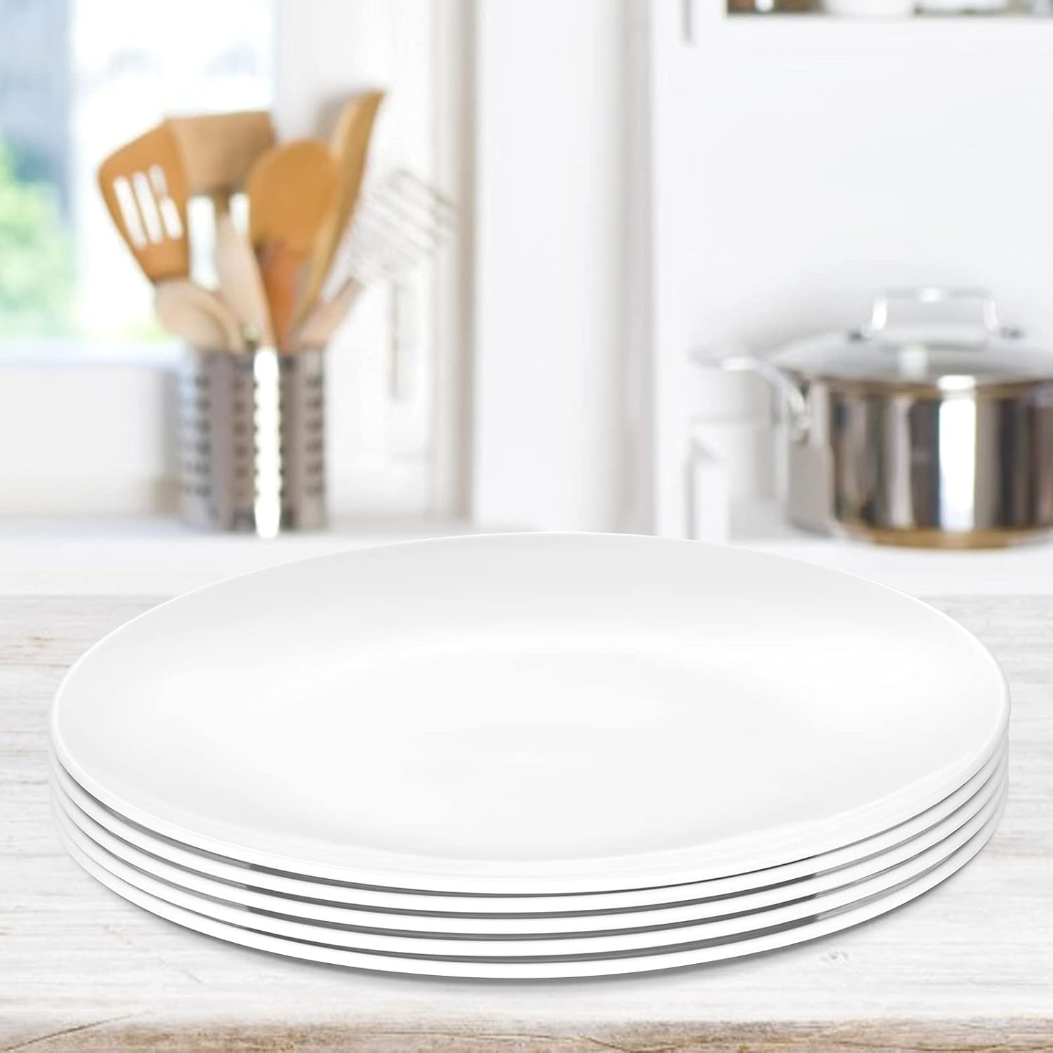 11 Inch White Melamine Plates Wide Side Flat Bottom Deep Round Dinner Plates Salad and Dessert Plates Lightweight Durable and Easy to Clean,Non Ceramic Disc Pad Set of 6,PYW-11-06