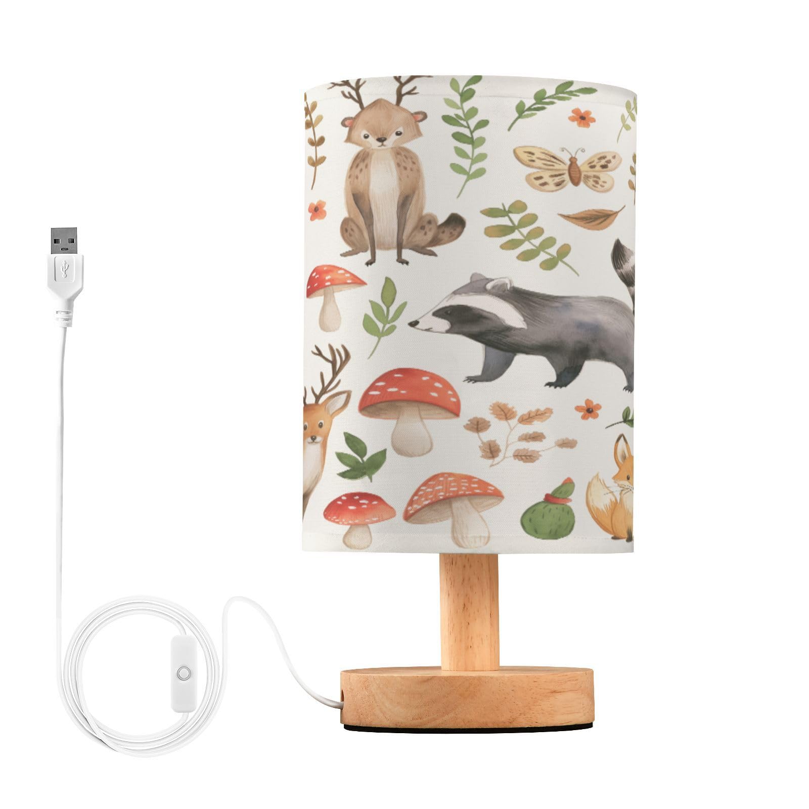 Cgiub Woodland Animals Bedside Table Lamp for Bedroom LED Nightstand Lamp with Wood Base & USB Port Linen Shade Desk Light for Nursery Decor
