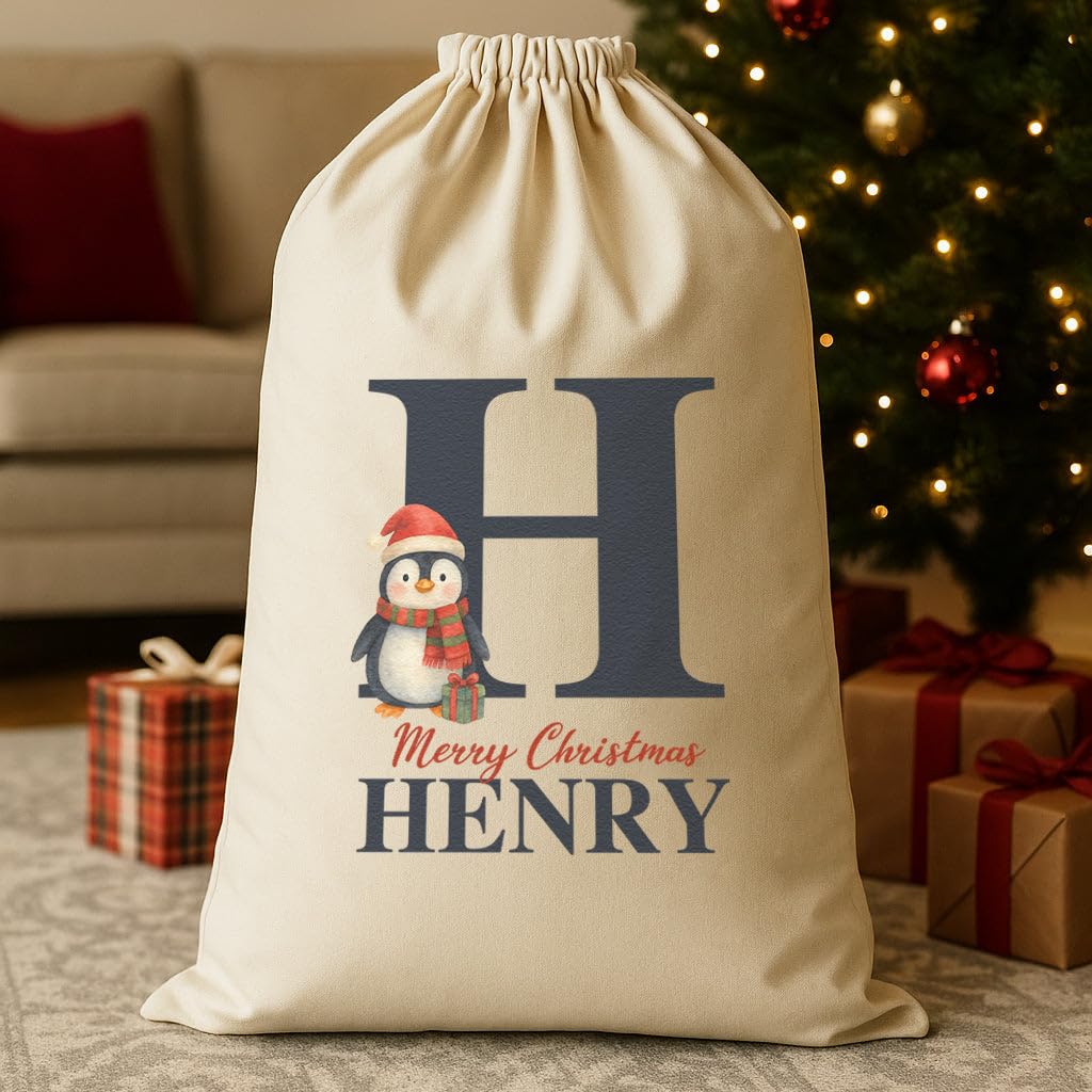 The Gift Project Biege Personalised Christmas Penguin Initial And Name - Christmas Santa Sack