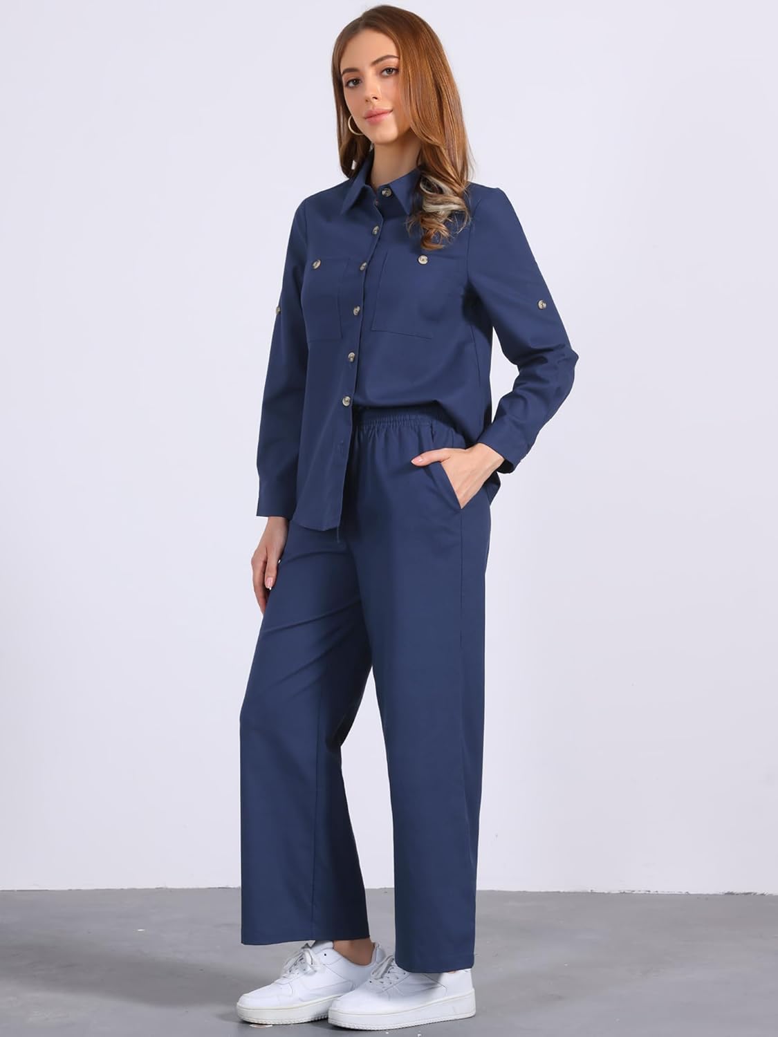 Allegra K Womens Linen Pant Set 2 Piece Lounge Summer Outfits Button Down Shirt Wide Leg Pant Cotton Matching Pantsuits