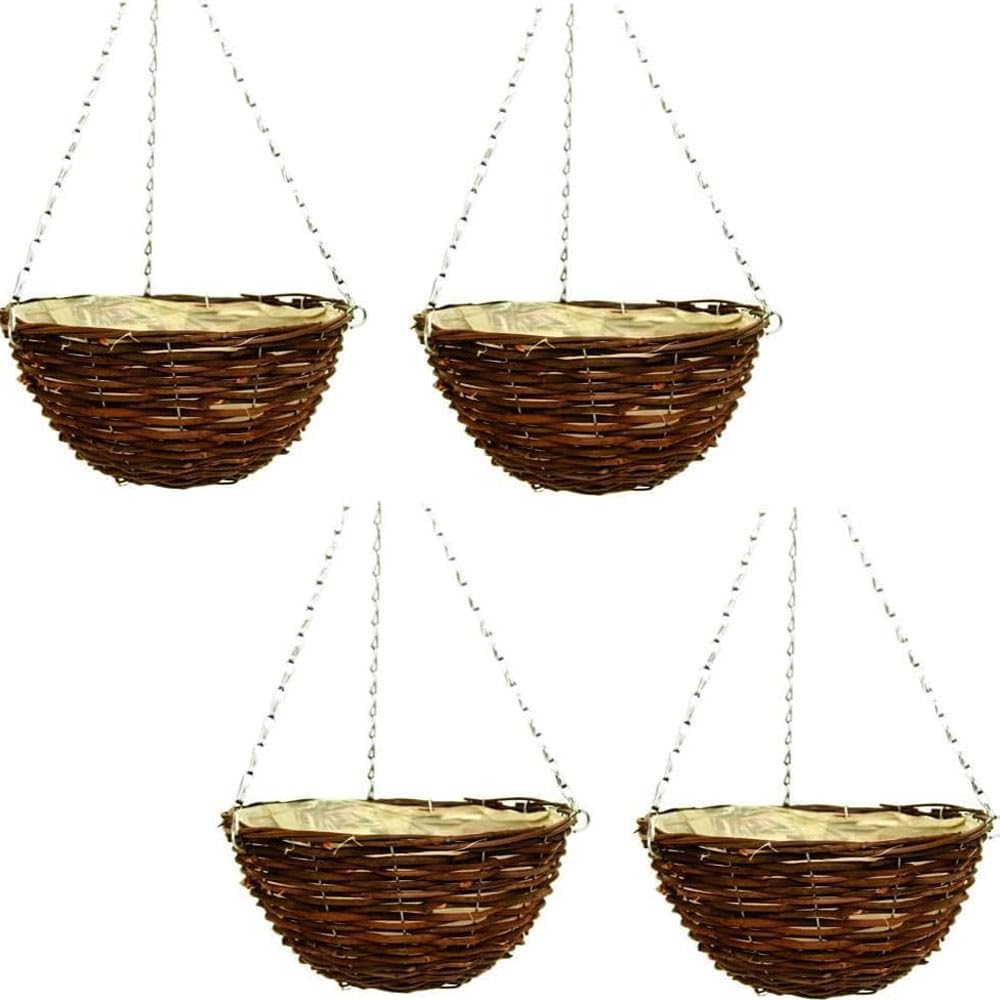 Wicker Hanging Basket – Natural Rattan Willow Hanging Flower Pots with Polythene Liner & Sturdy Metal Chain – Large Decorative Planters for Indoor & Outdoor (Hanging Basket 36cm, 14Inch x 4Pack)