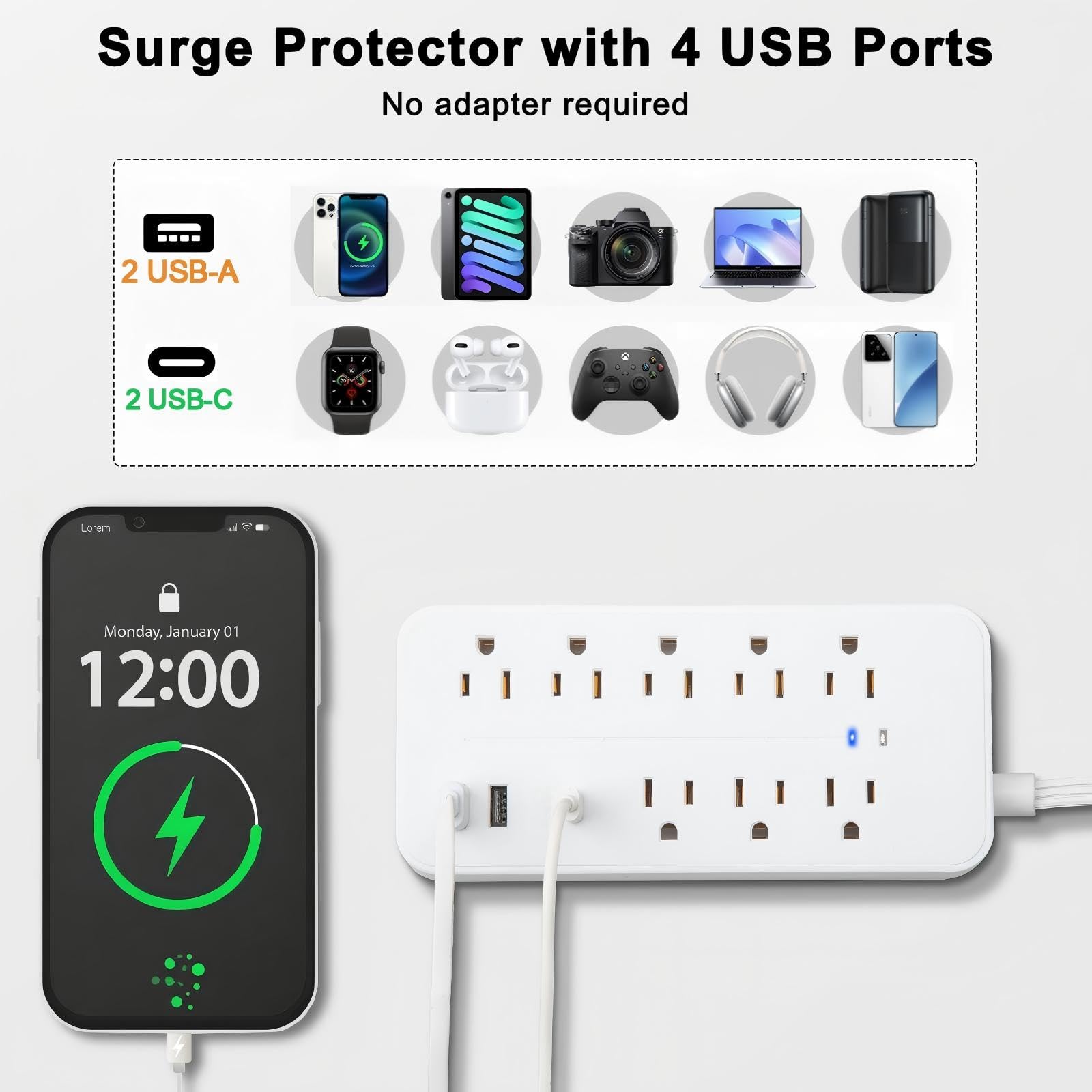 Cable de extensión plano de 15 pies, protector de sobretensiones y regleta de alimentación con 8 salidas y 4 puertos USB, 3 clavijas, extensor de enchufe con cable largo, protección contra sobrecarga