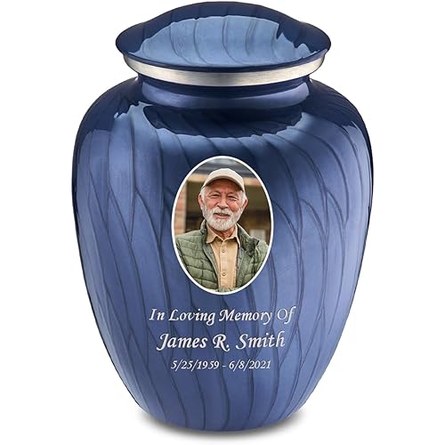 Geturns - Adult Custom Cremation Urns for Human Ashes I Large Pearl Cobalt Blue Photo Funeral Urn for Female and Male I 200 lbs