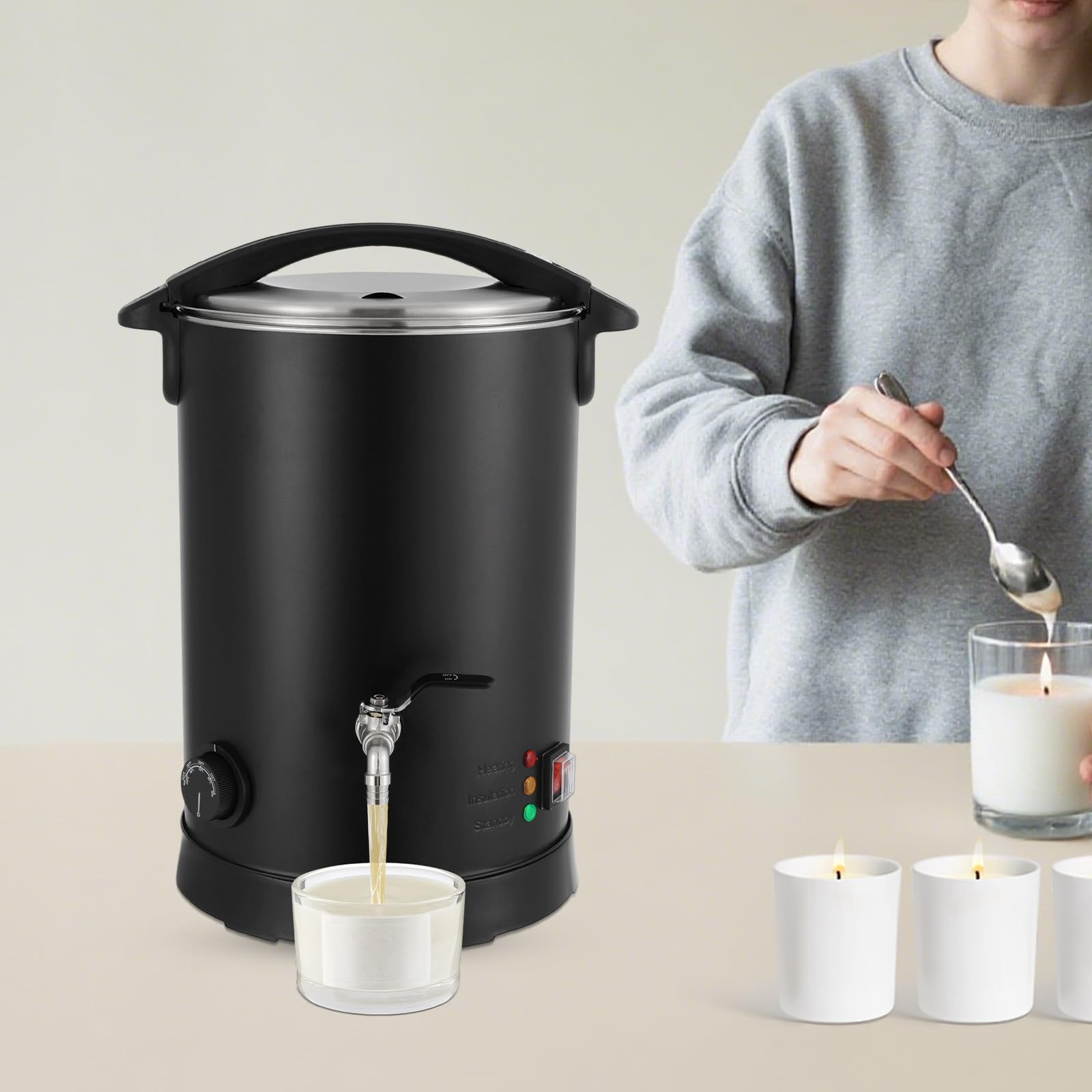 GIDRLL Urządzenie do topienia wosku do produkcji świec, 1100 W, elektryczny garnek do topienia wosku ze stali nierdzewnej, z regulatorem temperatury (0-100°C), szybkie nagrzewanie, nieprzywierająca