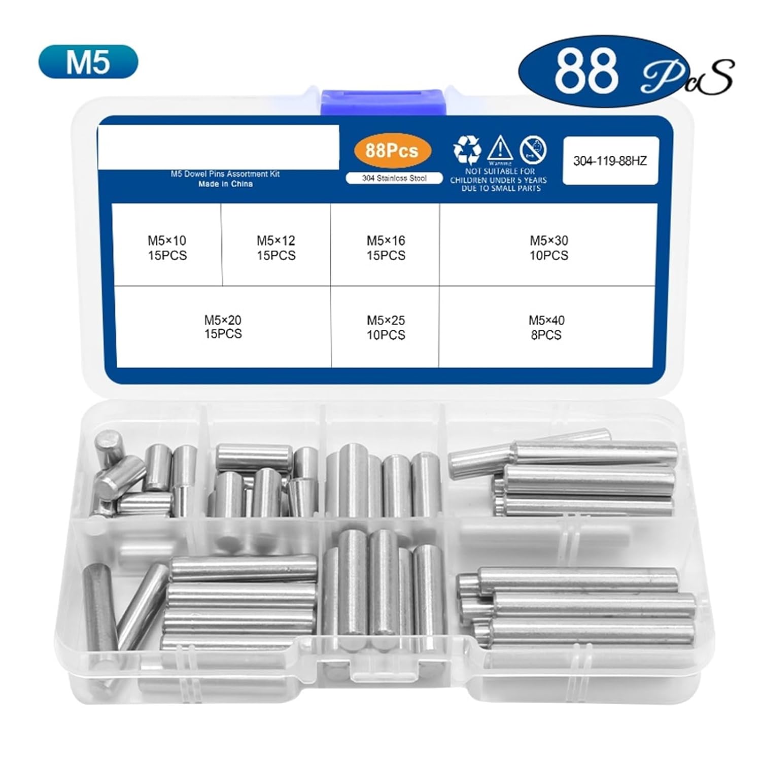 Dowel Pin Assortment Kit M2 .5 M3 M4 M5 M6 Stainless Steel Shelf Support Peg Rod Fasten Elements Set(M5 88pcs)