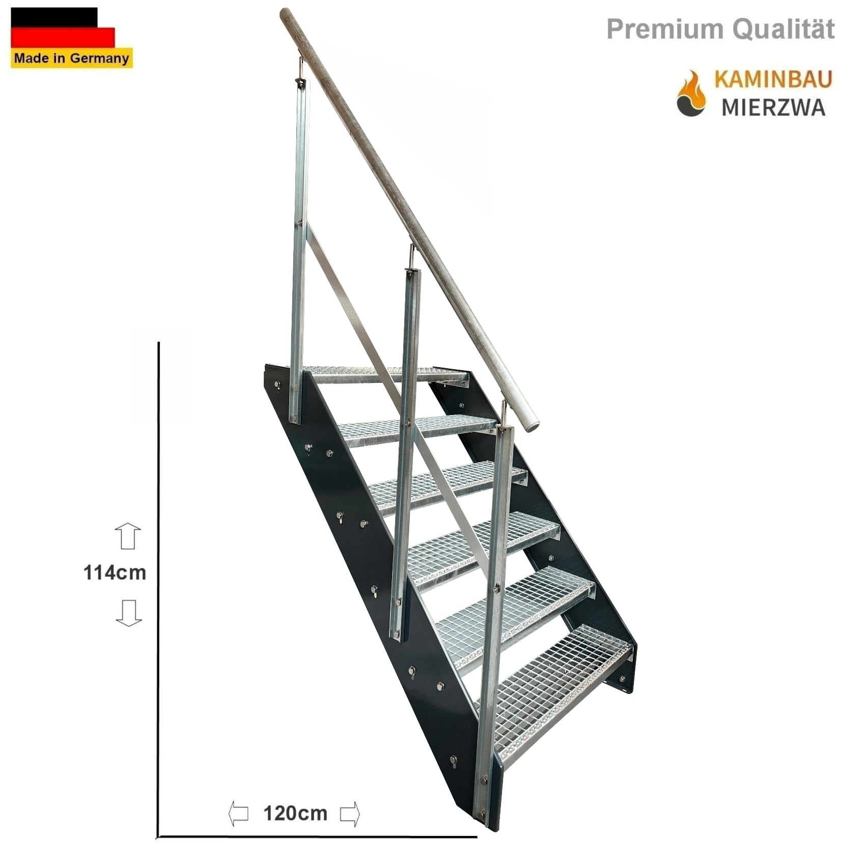 Scala in acciaio di alta qualità con ringhiera zincata sinistra/guance, antracite RAL 7016/6 gradini zincati (larghezza 1000 mm) (altezza 114 cm) resistente alle intemperie, scala da