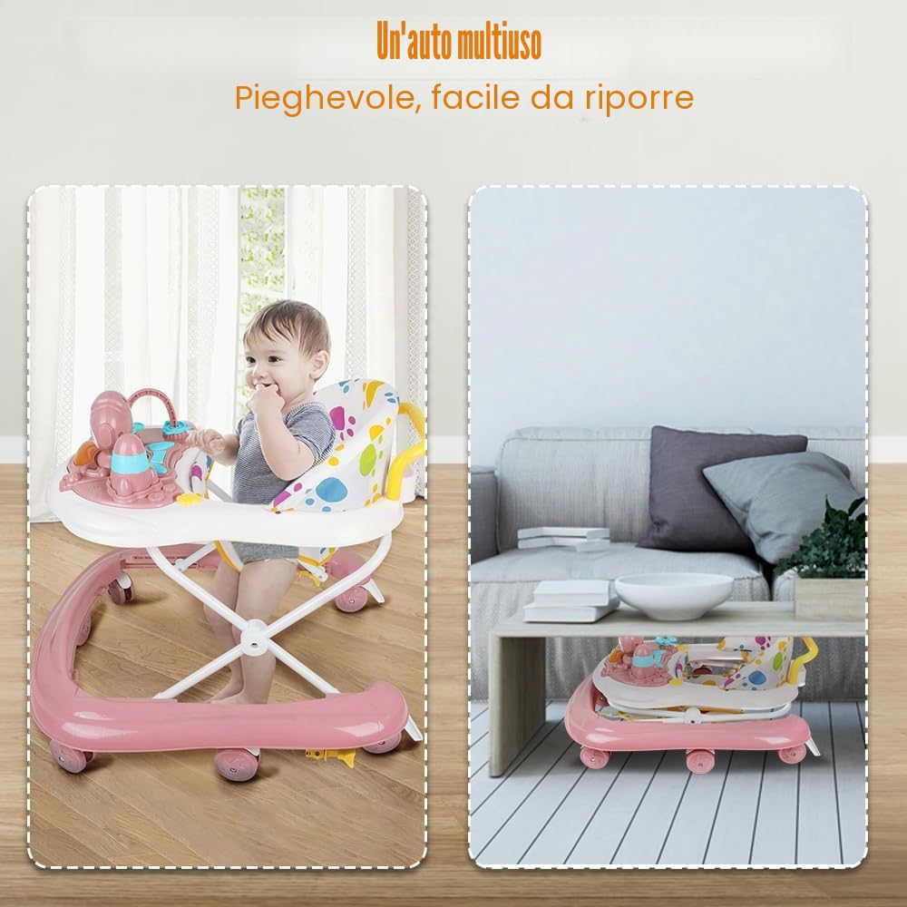 Girello per neonato, ragazza, evolutivo, 2 in 1, girello multifunzionale, un compagno premuroso per l'apprendimento a piedi del vostro bambino, 62 x 68 x 36-81 cm, rosa