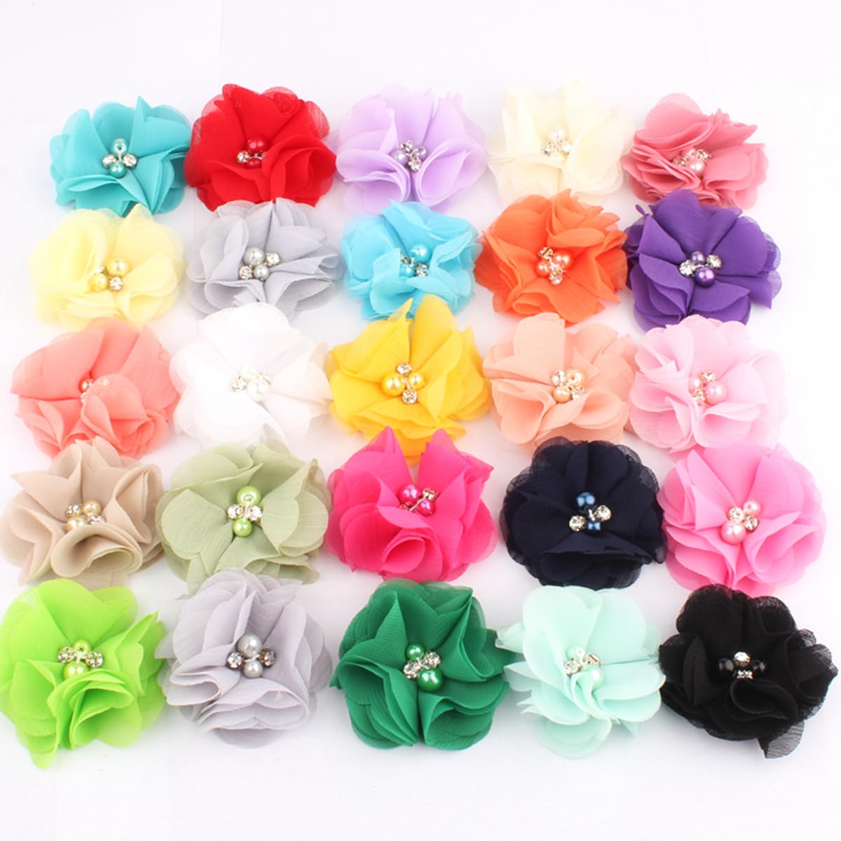 10Pcs 2" Cute Chic Chiffon Flowers with Rhinestone Pearl Fabric Hair Flower for Hair Accessories (10Pcs Multi)