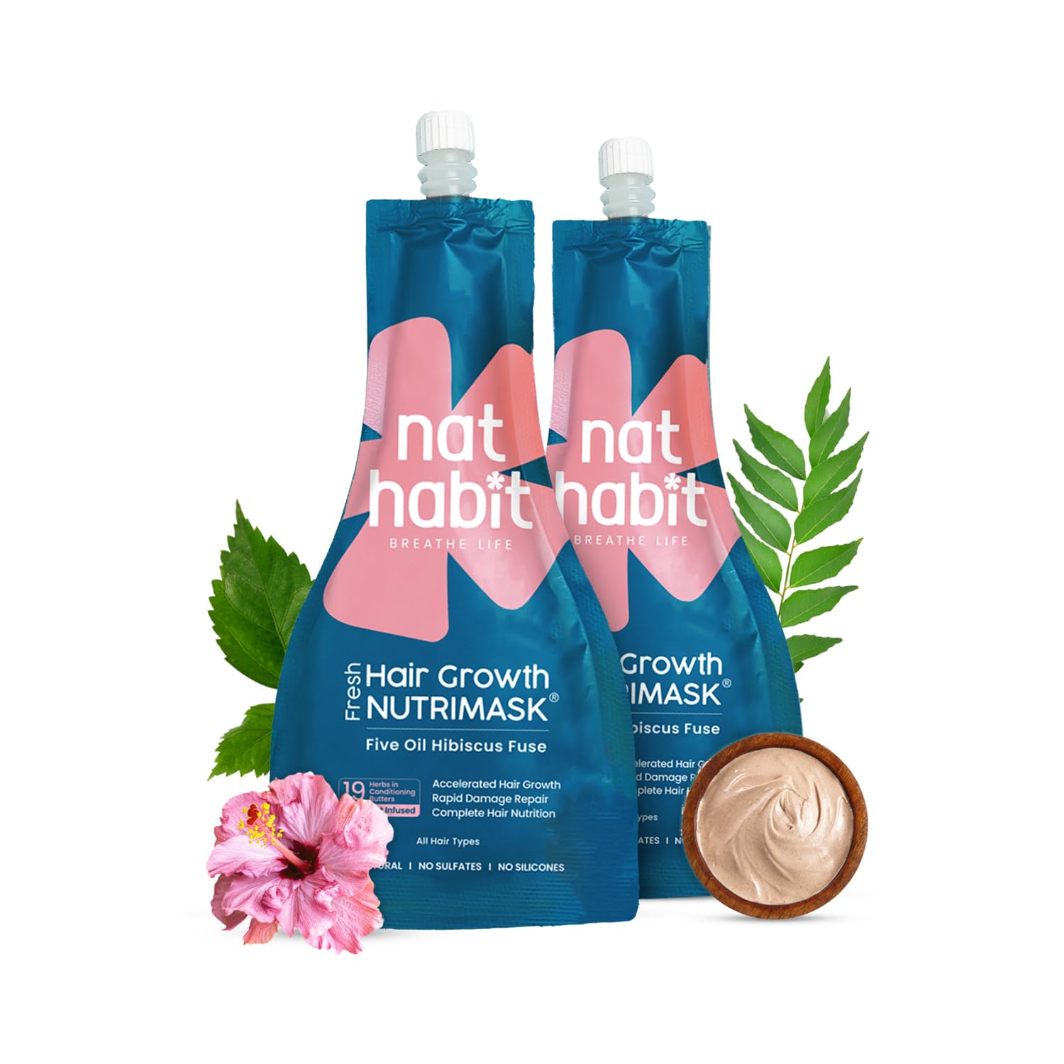 Nat Habit Five Oil Hibiscus NutriMask-Hair Mask For Hair Growth, Conditioning, Smoothening, Dry & Frizzy Hair Enriched with Hibiscus Flowers, Hibiscus , Neem, Curry Leaves (Pack of 2 x 40gm)