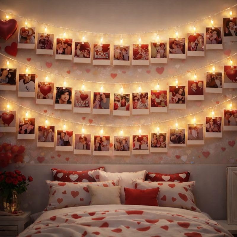 Image of One94Store Romantic Photo Clip String Lights - 14 LED 3 Meter Warm White Fairy Lights for Bedroom, Wall & Picture Decor | Valentine's Day, Party & Wedding Decoration (Pack of 1)