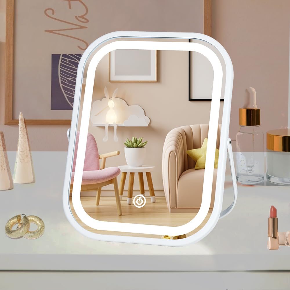 Specchio cosmetico con luci, 15 x 20 cm, specchio da trucco ricaricabile per scrivania, illuminazione a 3 colori e luci da tavolo con controllo touch, specchio portatile da viaggio senza fili