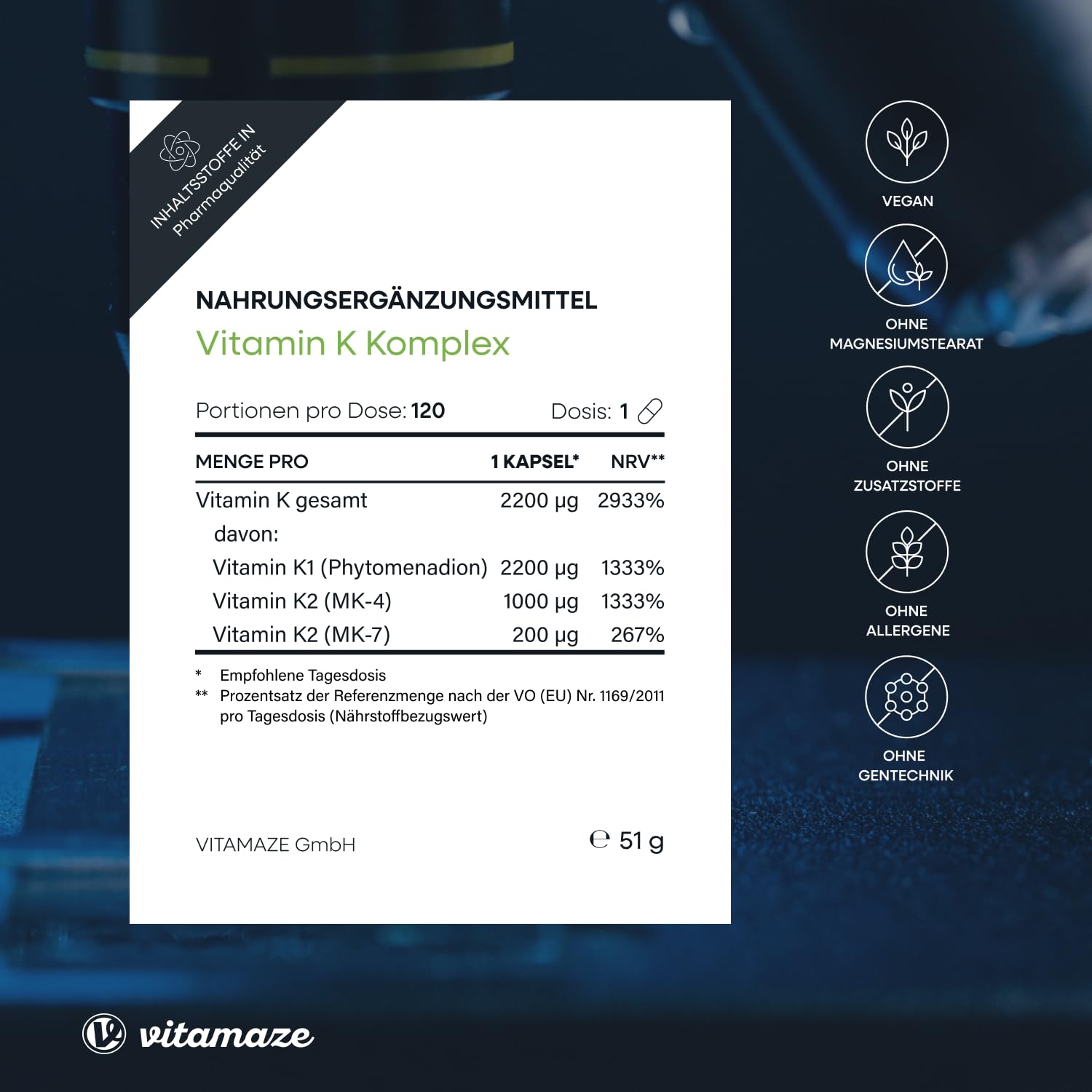 Vitamin K Komplex hochdosiert & vegan, K1 1.000 mcg + K2 Menaquinon (1.000 mcg MK4 + 200 mcg MK7), 120 Kapseln für 4 Monate, beste Bioverfügbarkeit, Made in Germany