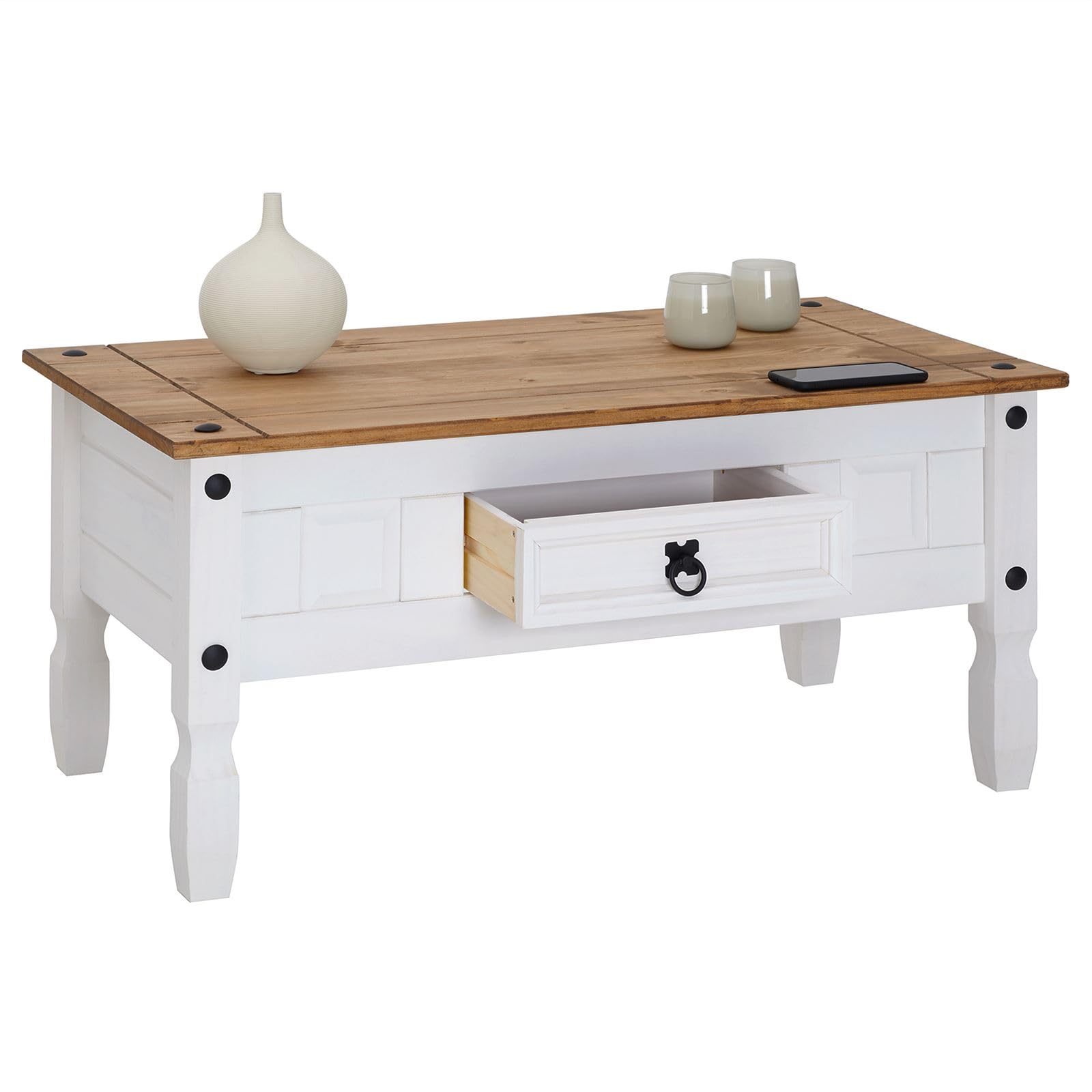 CARO-Möbel Couchtisch Campo im Mexiko-Stil Wohnzimmertisch Beistelltisch Kiefer massiv, braun/weiß lackiert mit 1 Schublade