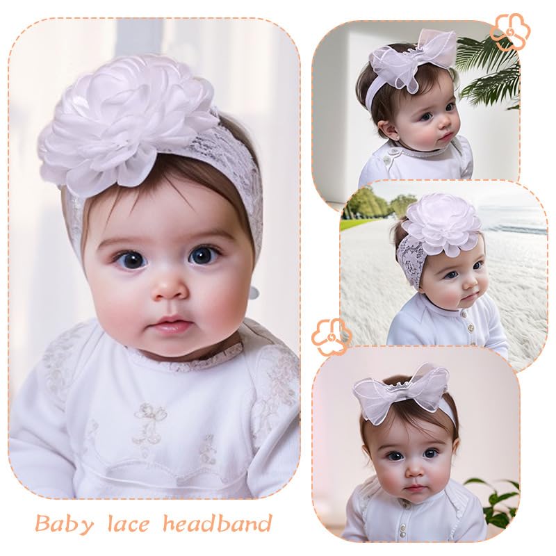 White Lace Christening Headband for Baby Girl Soft Cotton Flower Baptism Toddler Elastic Hairband Bow Newborn Infant Hair Accessories for Birthday Party (White 3, Standard size) - Image 4