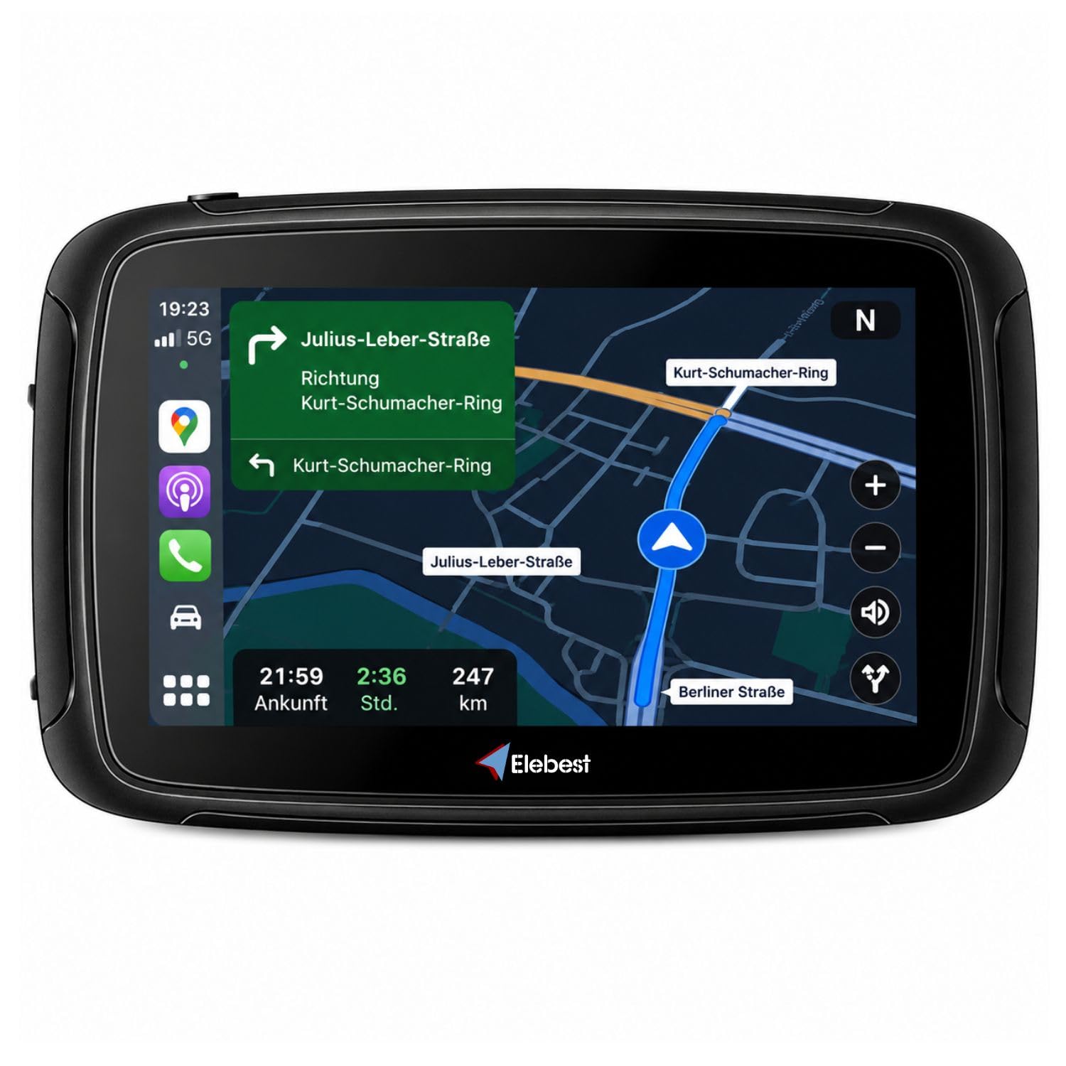 Elebest Motorrad-Navi C650 – Wasserdichtes 5" Navigationssystem mit Wireless CarPlay & Android Auto, Bluetooth, FM-Transmitter & Touchscreen für Motorrad & Auto