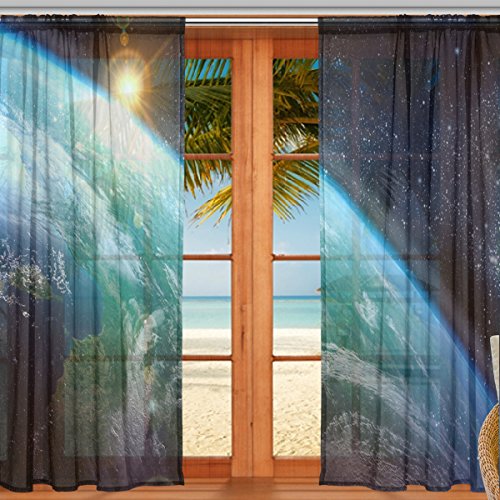 マキク(MAKIKU) ミラーレースカーテン 遮光 断熱 遮熱 レースカーテン 出窓 ドアカーテン 宇宙柄 地球 銀河 ブラック おしゃれ シェードカーテン UVカット 薄い 目隠し 幅140cm×丈200cm 2枚組