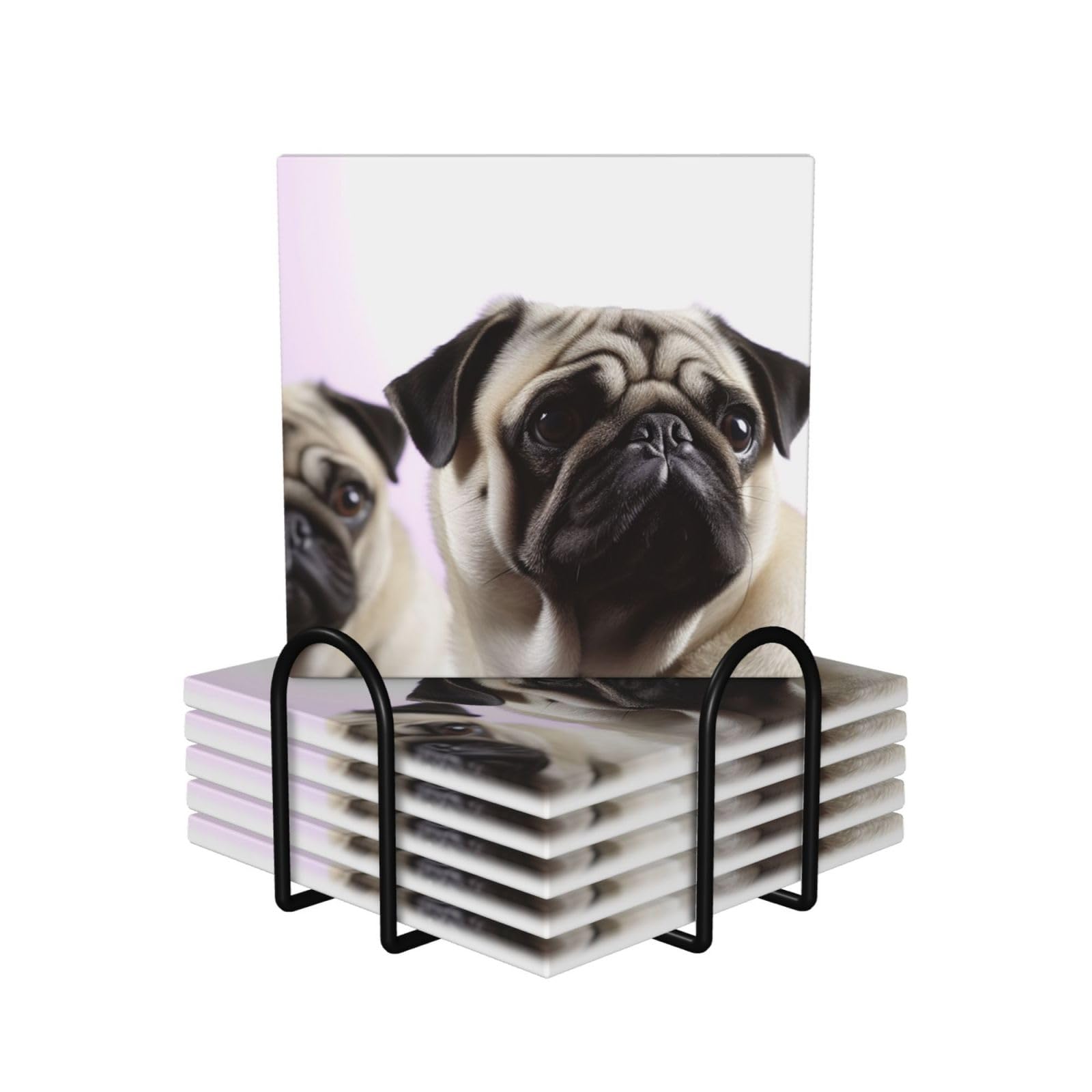 6Pcs Ceramics Coaster for Drinks, Pug Dog Cup Coasters with Holder, Aesthetic Drink Coasters for Coffee Table, Absorbent Round Coaster for Tabletop Protection 4" Cup Mat Pad