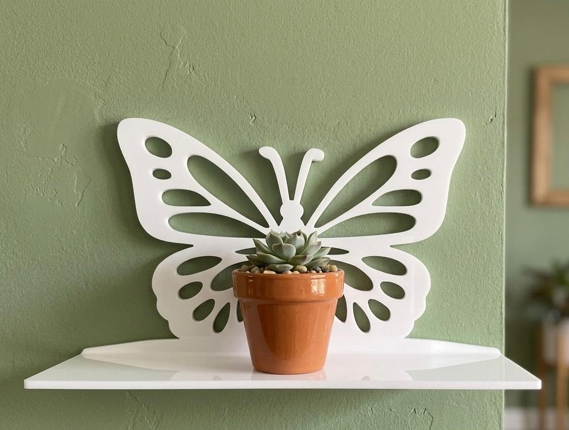 Acrylic Butterfly Wall Shelf, White, Acrylic, Laser Cut Design, Glossy Finish, Decorative Floating Shelf for Home Décor | 15 * 15cm*7cm | Set of Two Shelf-image-24