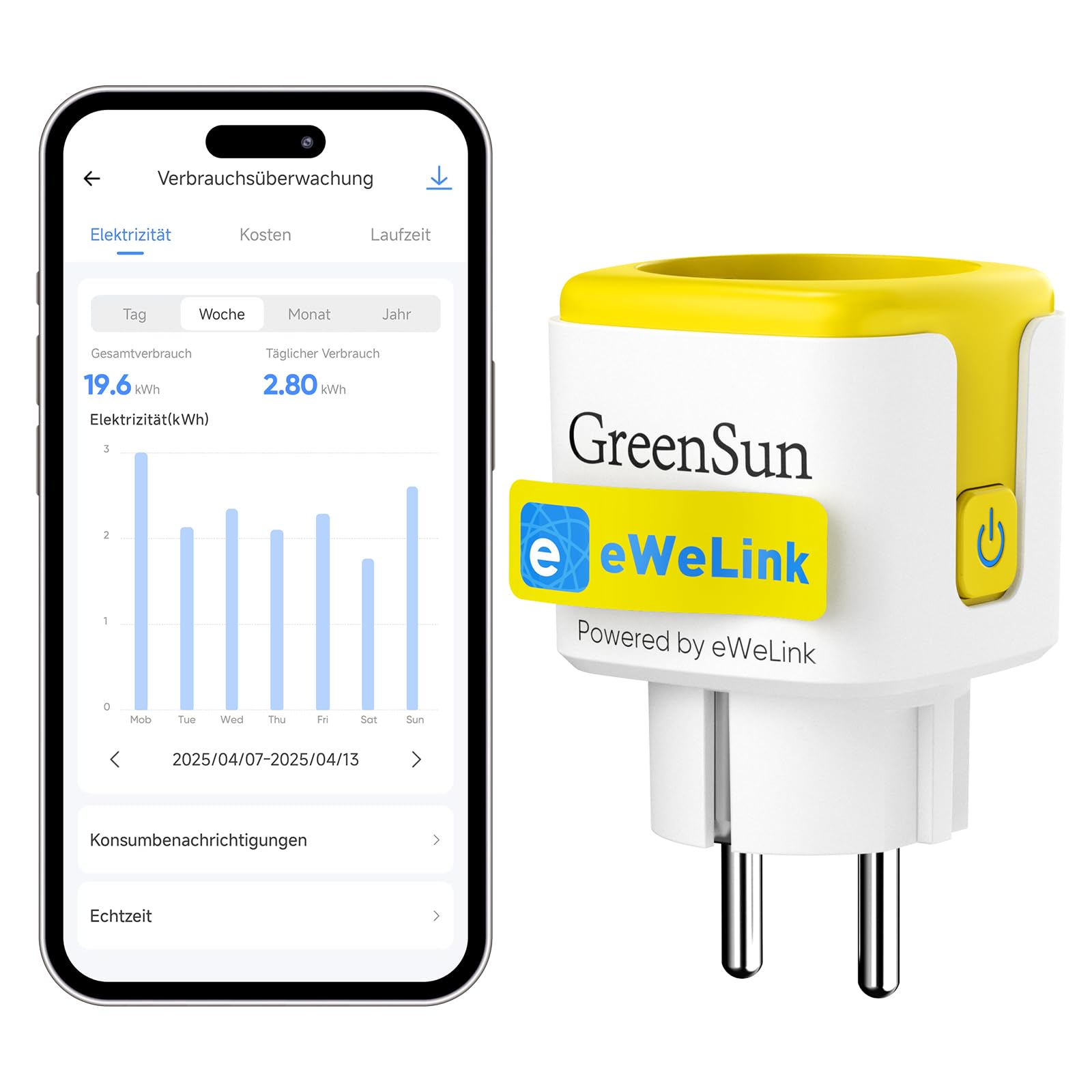 GreenSun WLAN Steckdose mit Stromzähler 1er Smart Steckdose