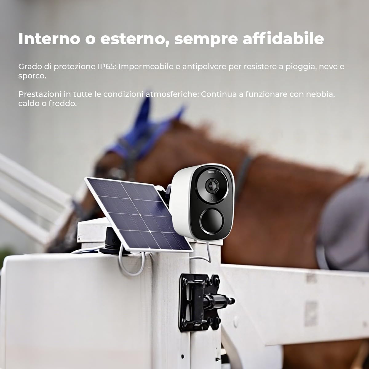 Telecamera di Sicurezza 4G LTE 2K HD per Scuderie e Trasporto Cavalli – Videocamera Cellulare a Energia Solare con Visione Notturna, Audio Bidirezionale, Allarmi di Movimento – Batteria 5000mAh – Senz