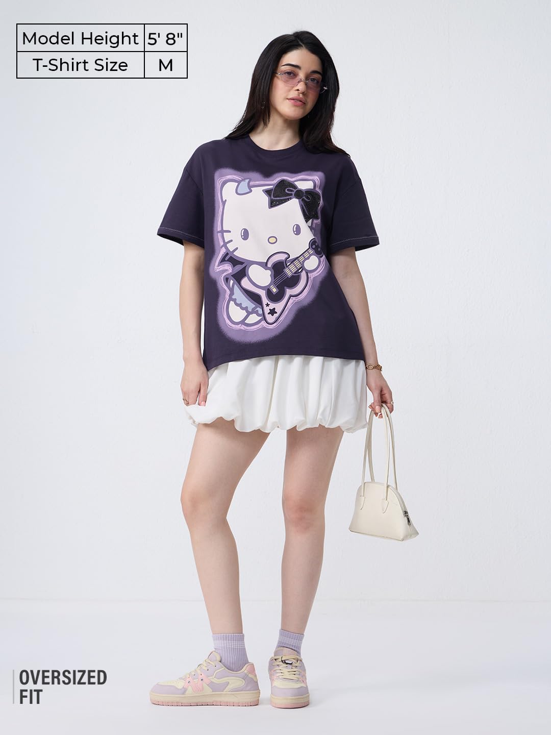 The Souled Store Hello Kitty: Gothic Rockstar - Maglietta da donna e ragazza, a maniche corte, girocollo, in cotone, con stampa grafica viola scuro, oversize, leggera, per tutti i giorni