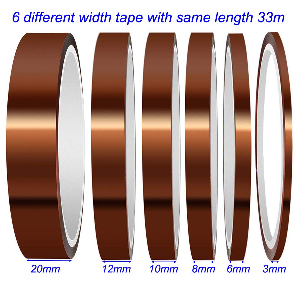 Gebildet 6Rollos Cinta Kapton, Cinta Adhesiva de Alta Temperatura, Poliimida Cinta Resistente al Calor para Soldar, Recubrimiento en Polvo, Placa de Circuito Aislantes (3/6/8/10/12/20 mm x 33m)