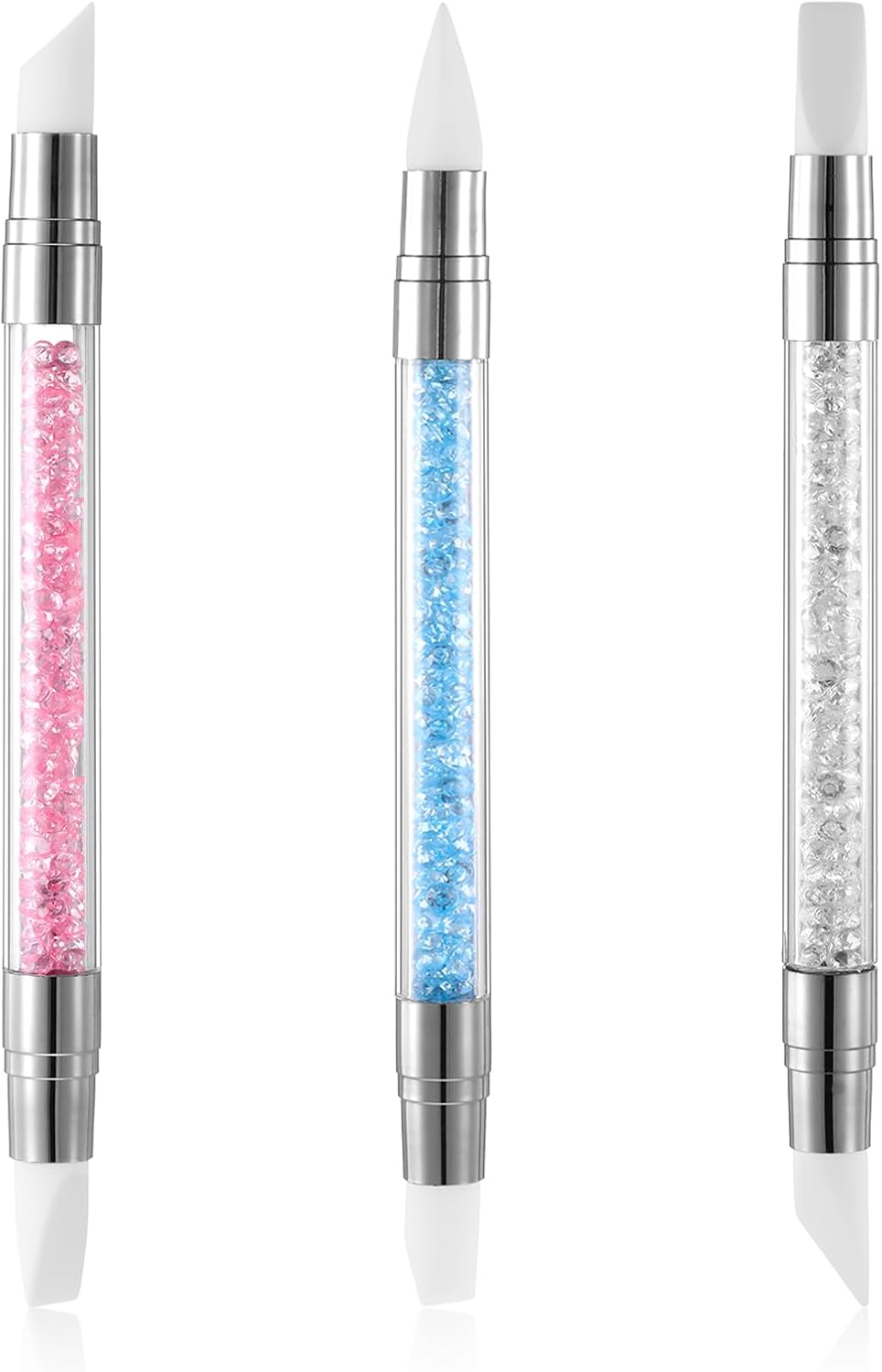 3pcs Nail Art Sculpture Pen, Dual Tipped Silicone Nail Tools, Silicone Head Acrylic Handle Nail Art Brushes, Rhinestone Nail Polish Carving Pen, Nail Art Tools for Home Salon (White, Pink, Blue)