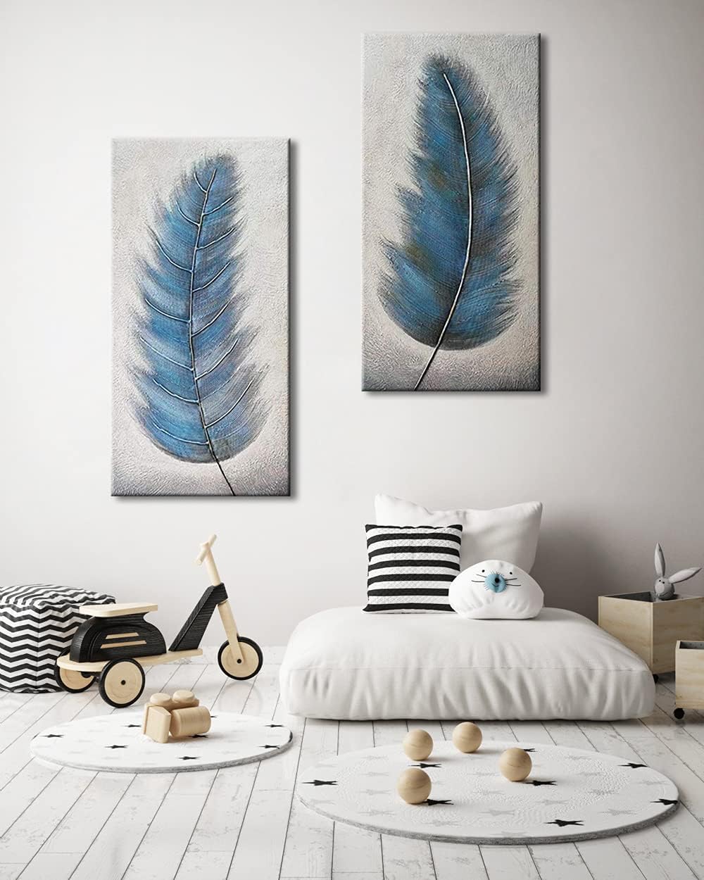 Wieco Art Blue Feathers Abstract Paintings Wall Art on Canvas Mordern Canvas Wall Art for Living Room Bedroom Wall Decor Contemporary Artwork for Home Decorations
