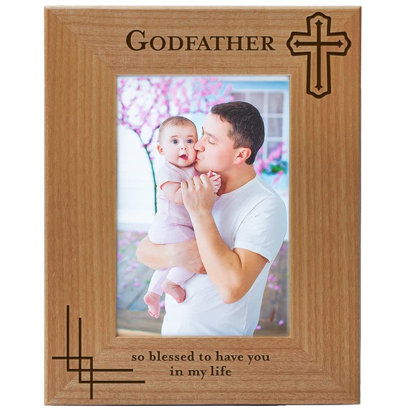 Godfather Gift from Godchild - Godfather with Cross Picture Frame, Engraved Natural Wood Picture Frame, Baptism Gifts, Religious Catholic Gifts, Thank