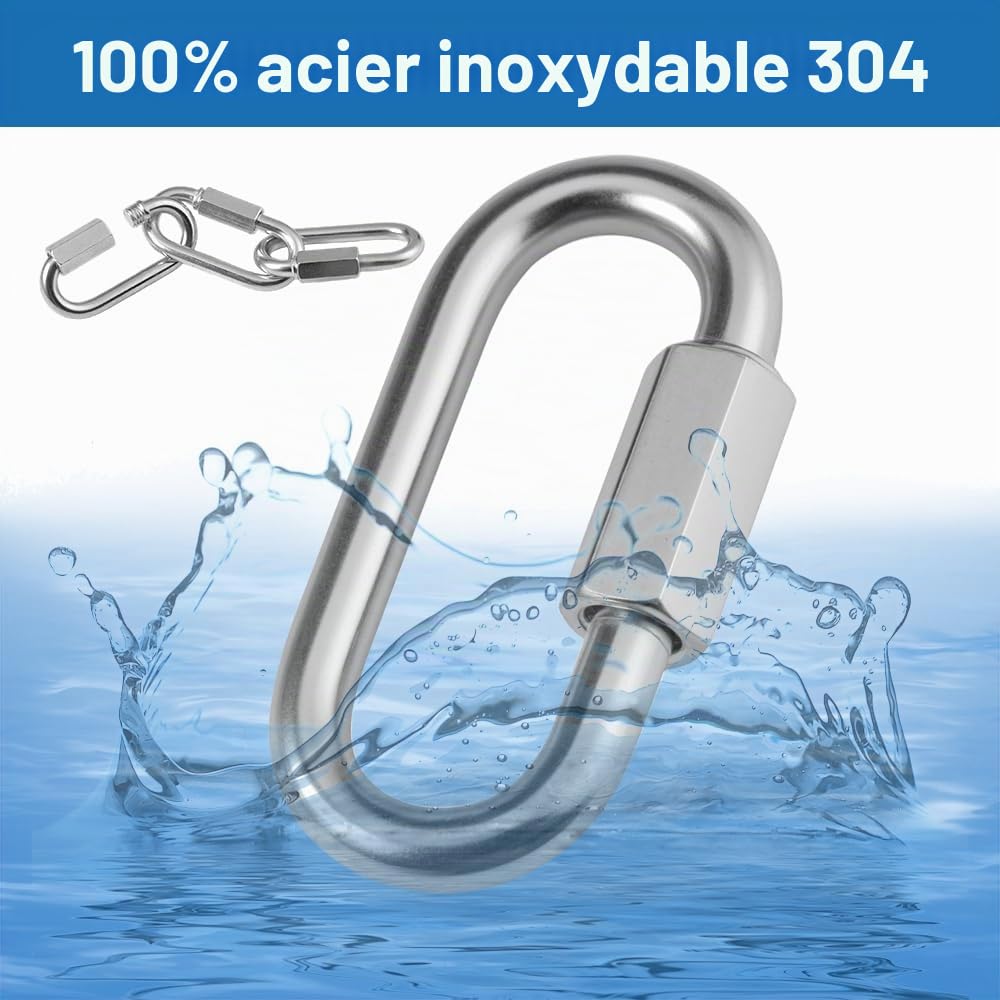 8 Pièces Maillon Rapide Mousqueton à Vis Manille INOX φ6 mm | Capacité de Charge 2000 Kg, Mousquetons en Acier Inoxydable Rapide Fixation pour Extérieur, Camping Tentes, Randonnée