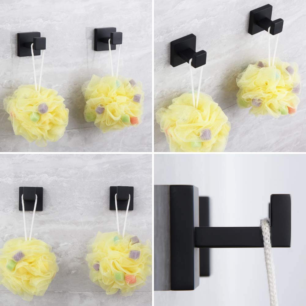 kimzcn Matte Black Bathroom Accessories Kit 3-Pieces Bathroom Hardware Set SUS 304 Stainless Steel Square Wall Mounted - Includes Toilet Paper Holder, 2X Robe Towel Hooks