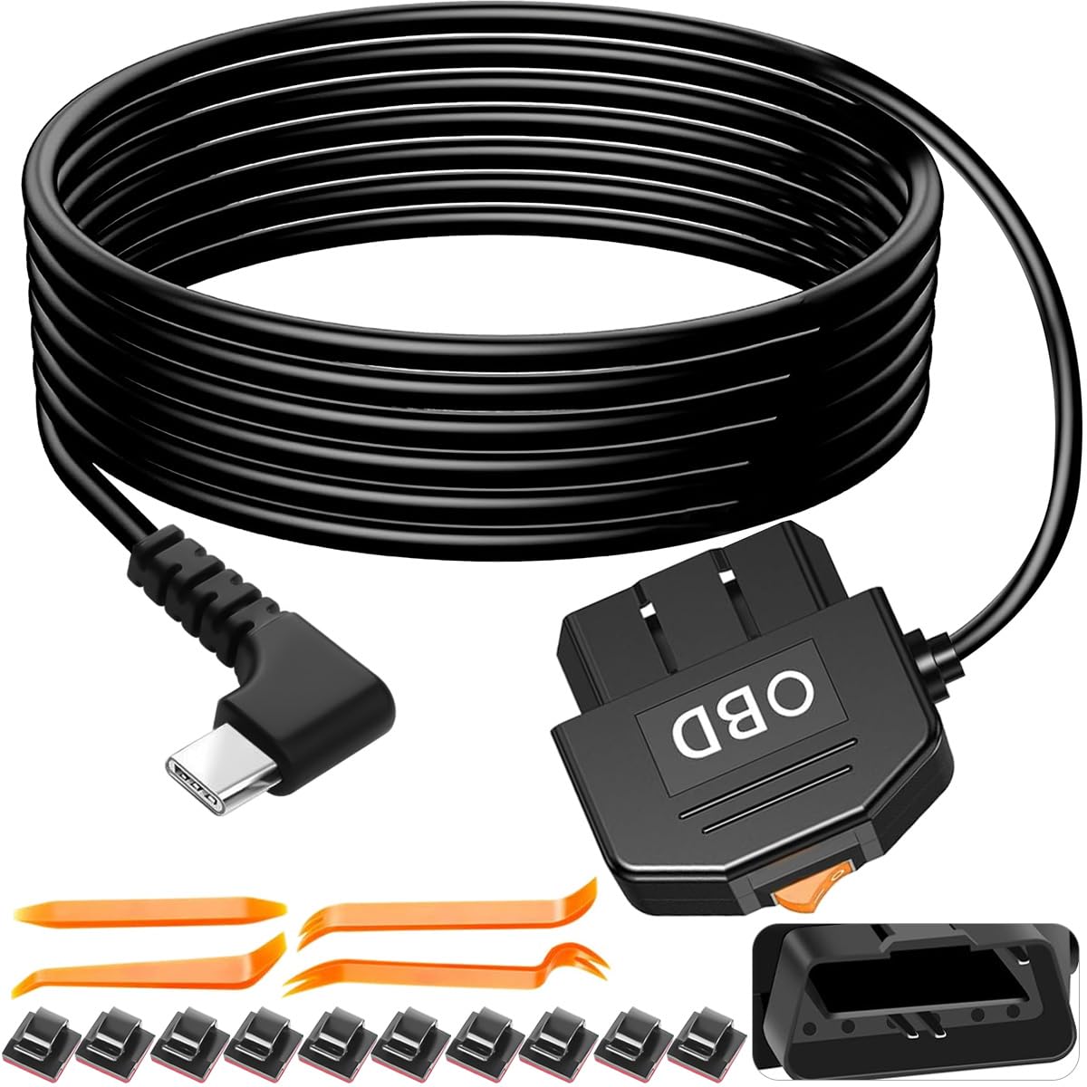 Kabel zasilający OBD do kamery pokładowej, adapter OBD na USB typu C (kąt prosty), stały kabel do ładowania, 12 V/24 V na 5 V 3 A, z przyspieszonym nagrywaniem (3,5 m)