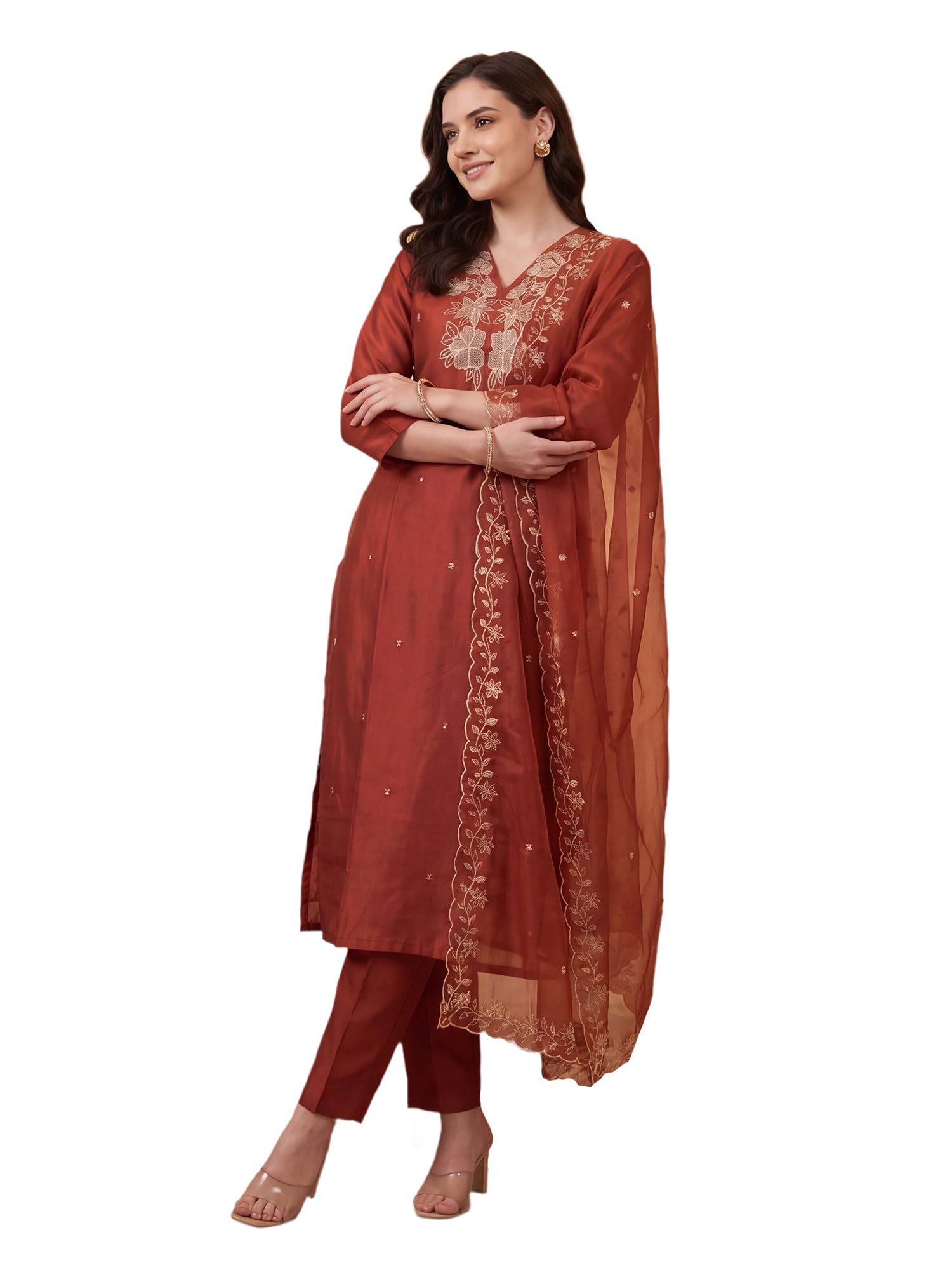 indo era Women's Silk Blend Floral Embroidered Thread Work Kurta & Pant with Dupatta Set (IEBBAI438)-picture-24