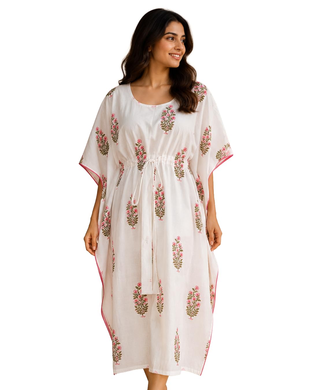 Rose Garden Handblock Cotton Kaftan Dress for Women | Relaxed Fit Drawstring Lounge Dress | Lightweight Floral Printed Cotton Resort Wear Kaftan by Yukti-image-39